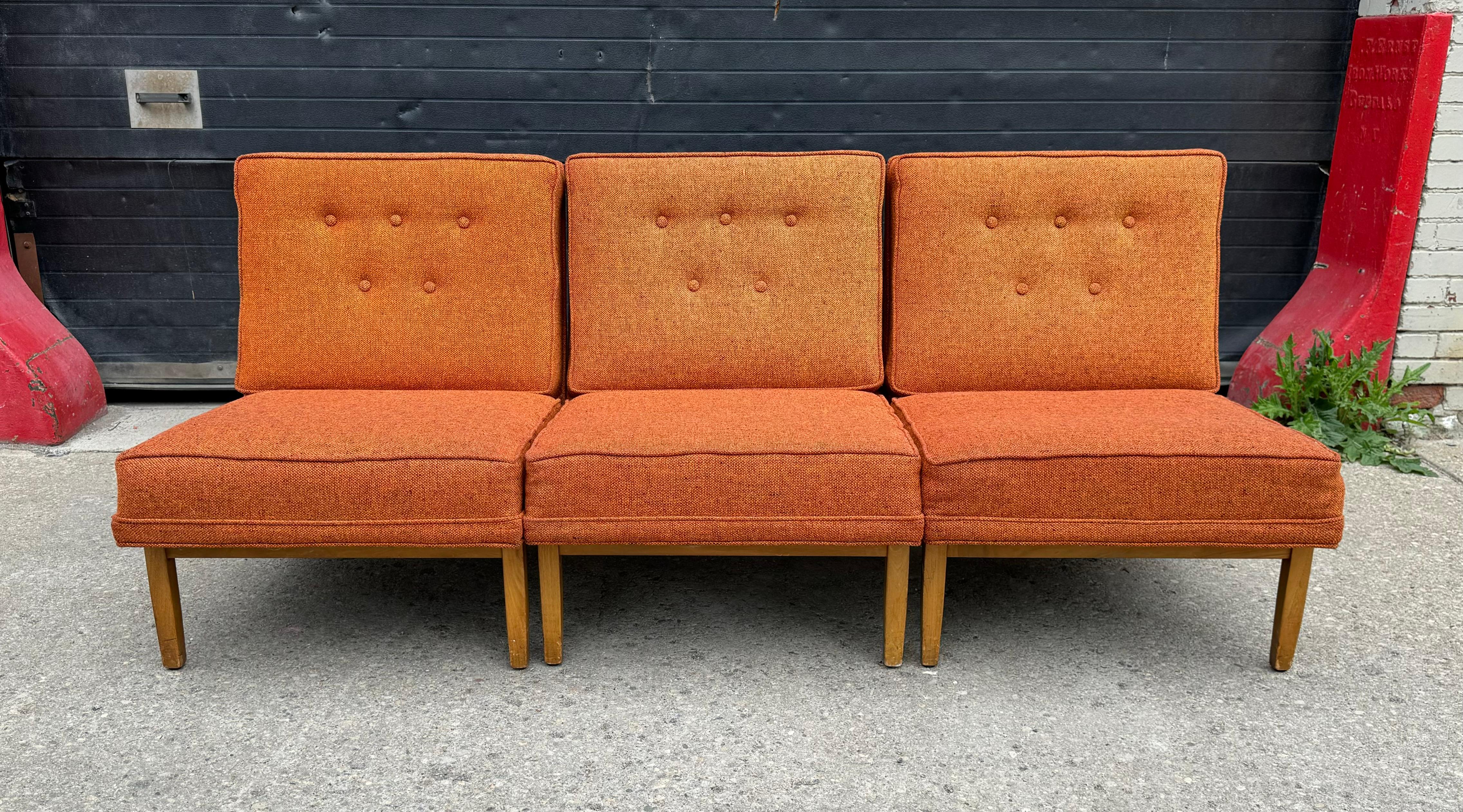 Set 3 Florence Knoll Slipper /LOUNGE  Chairs ,, Can also be used as a 2 seat sofa with one chair or a 3 seat sofa. Classic Mid Century Modern Design, Retain original fabric, Age appropriate wear, Hand delivery avail to New York City or anywhere en