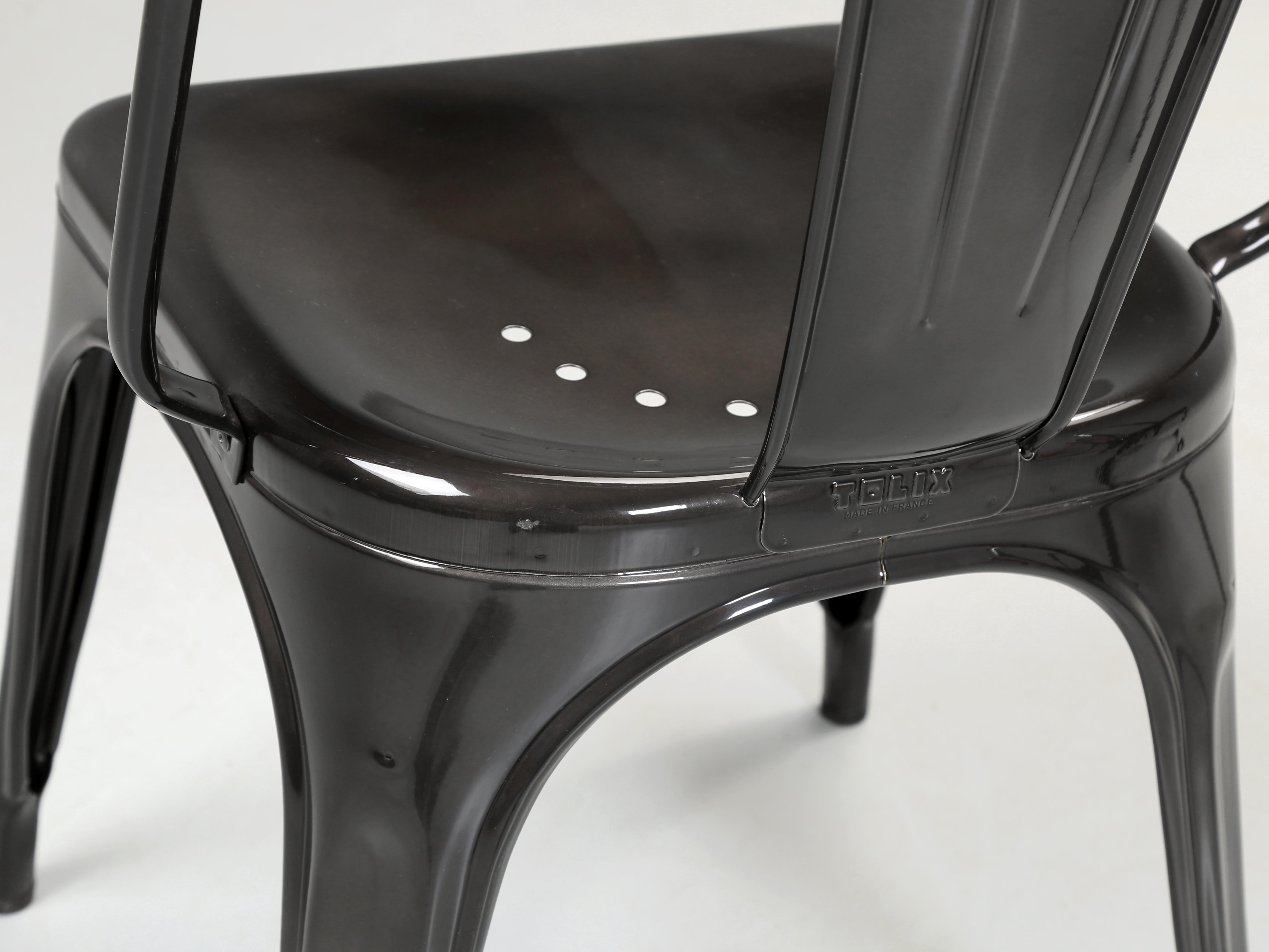 Set (3) Gloss Graphite Genuine French Tolix AC Style Stacking Chairs Wide Seats For Sale 3