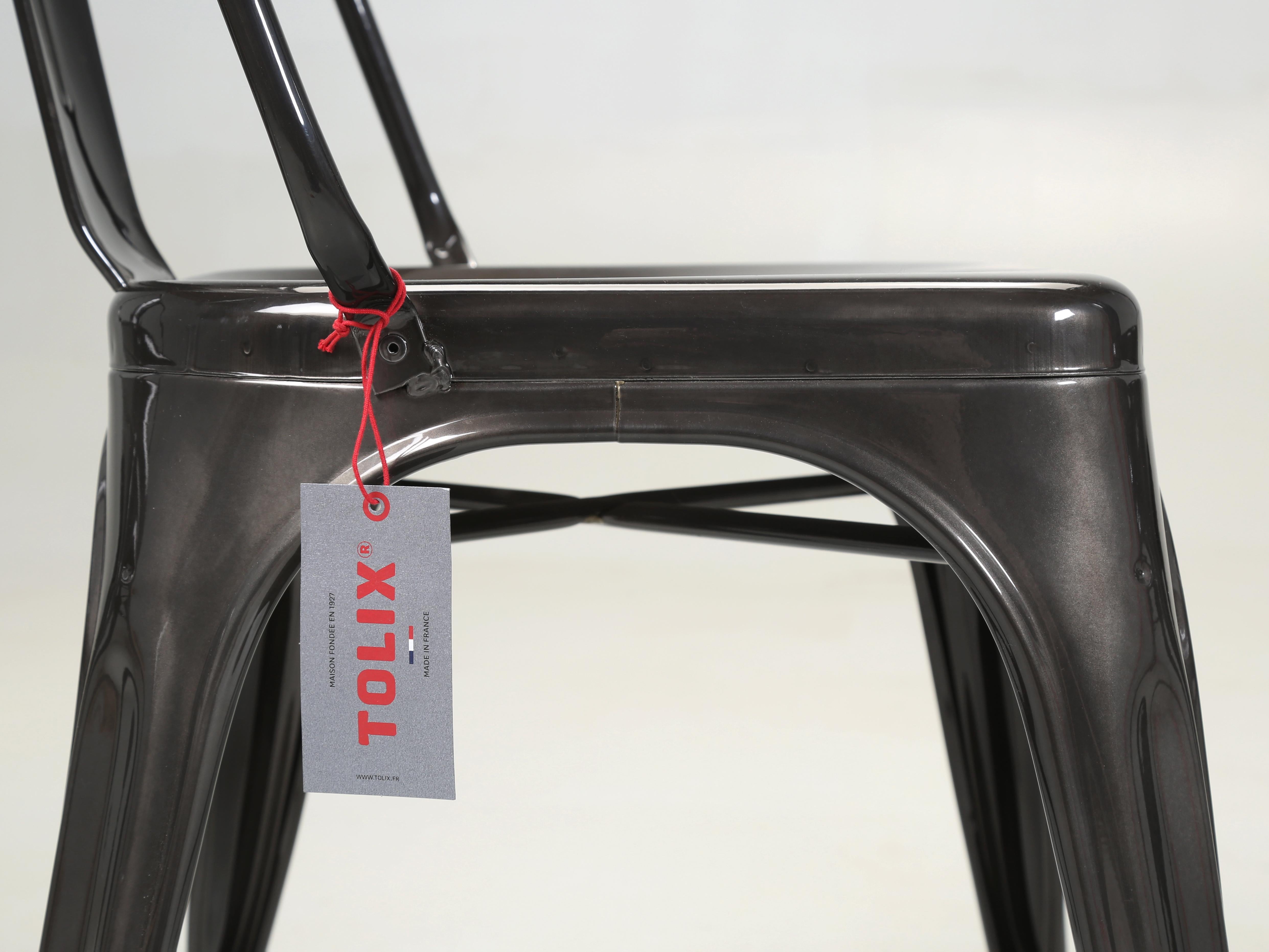 Set (3) Gloss Graphite Genuine French Tolix AC Style Stacking Chairs Wide Seats For Sale 5