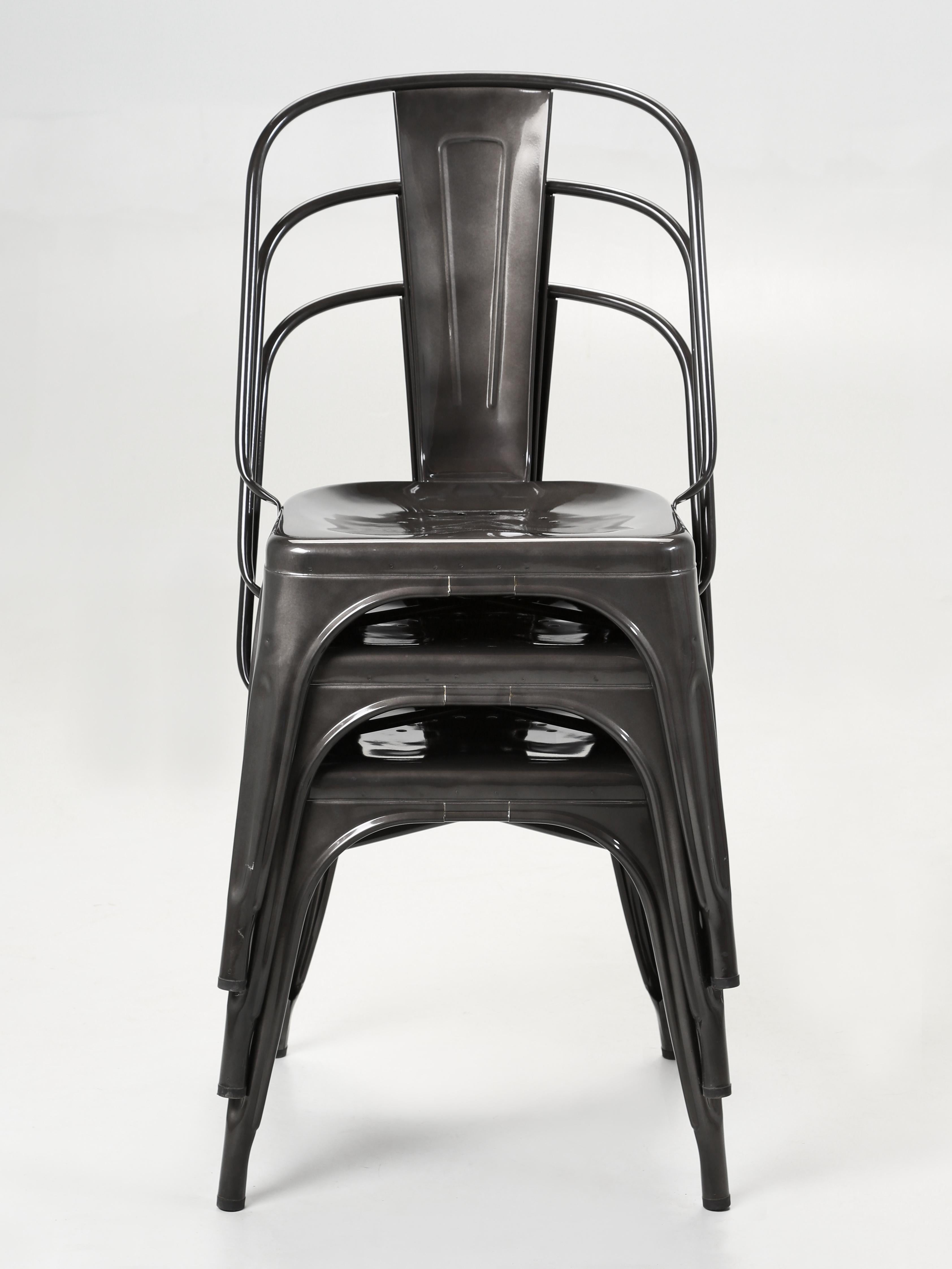 Industrial Set (3) Gloss Graphite Genuine French Tolix AC Style Stacking Chairs Wide Seats For Sale