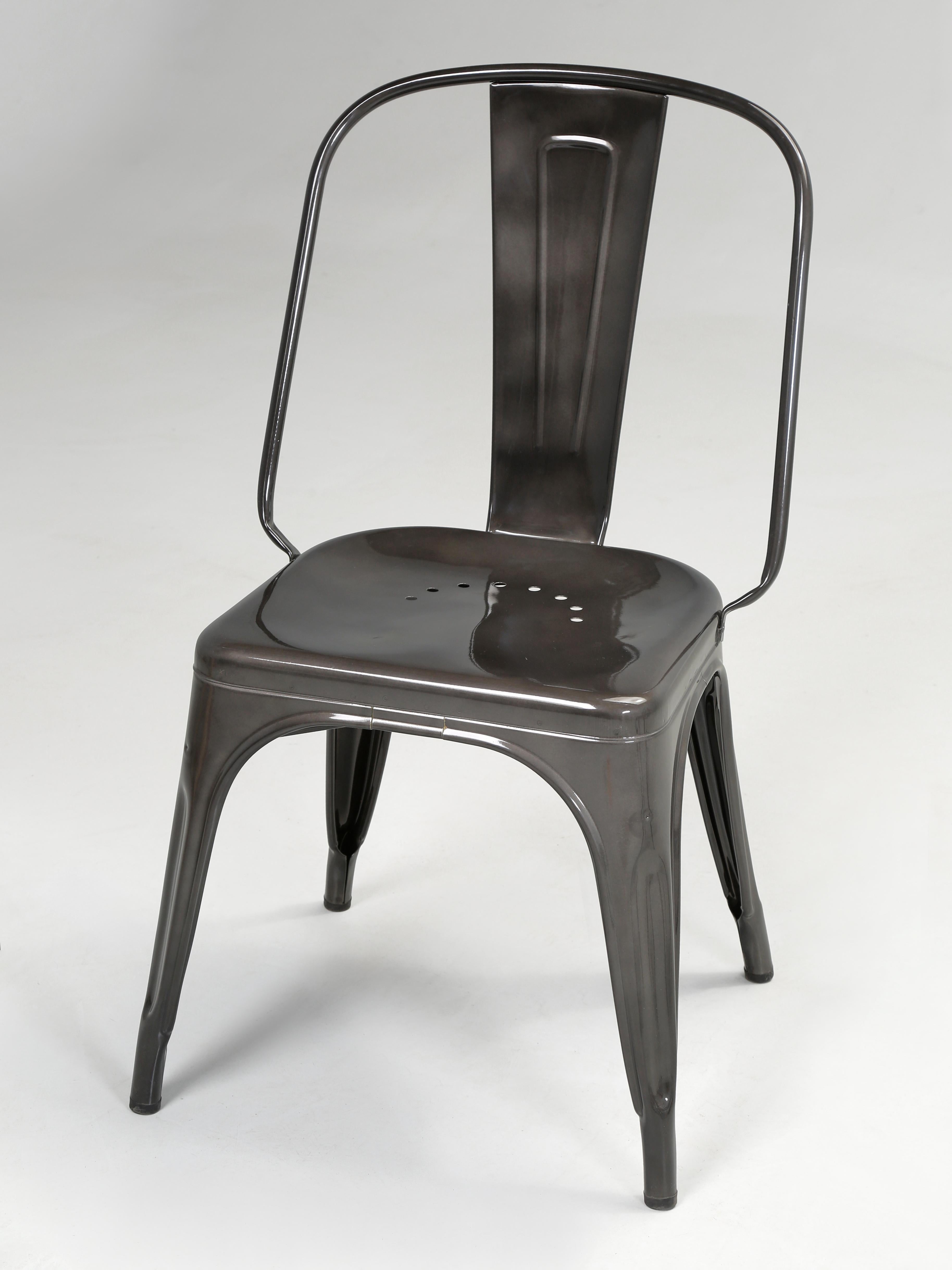 Hand-Crafted Set (3) Gloss Graphite Genuine French Tolix AC Style Stacking Chairs Wide Seats For Sale