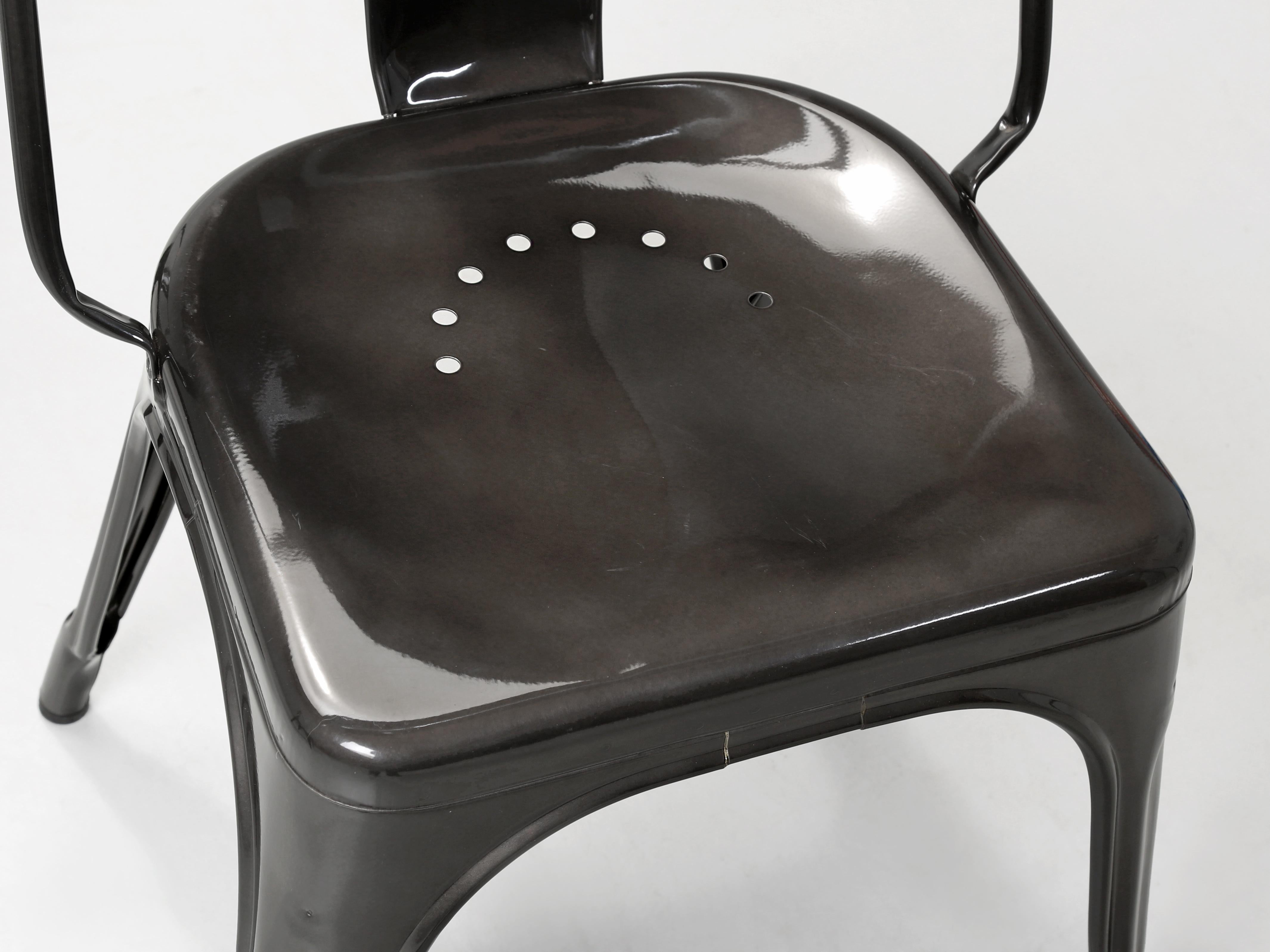 Metal Set (3) Gloss Graphite Genuine French Tolix AC Style Stacking Chairs Wide Seats For Sale