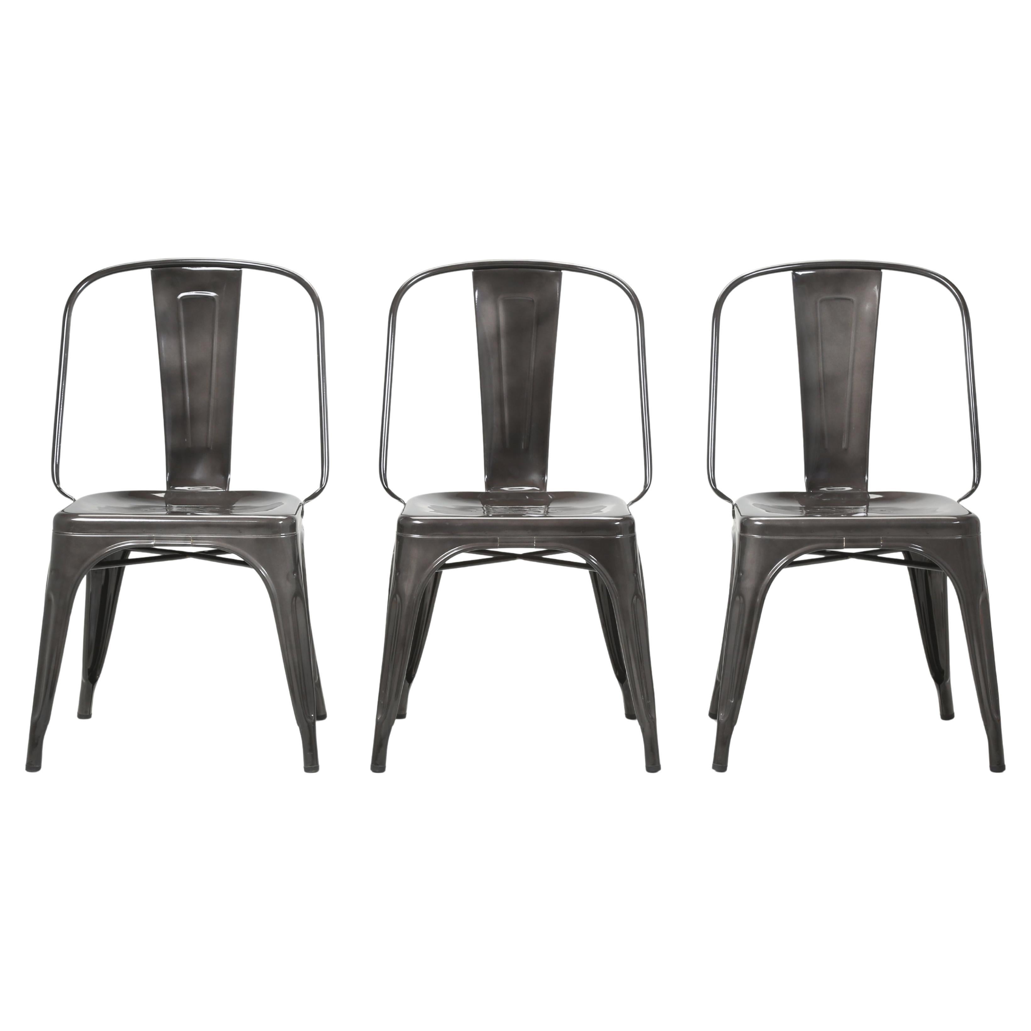 Set (3) Gloss Graphite Genuine French Tolix AC Style Stacking Chairs Wide Seats