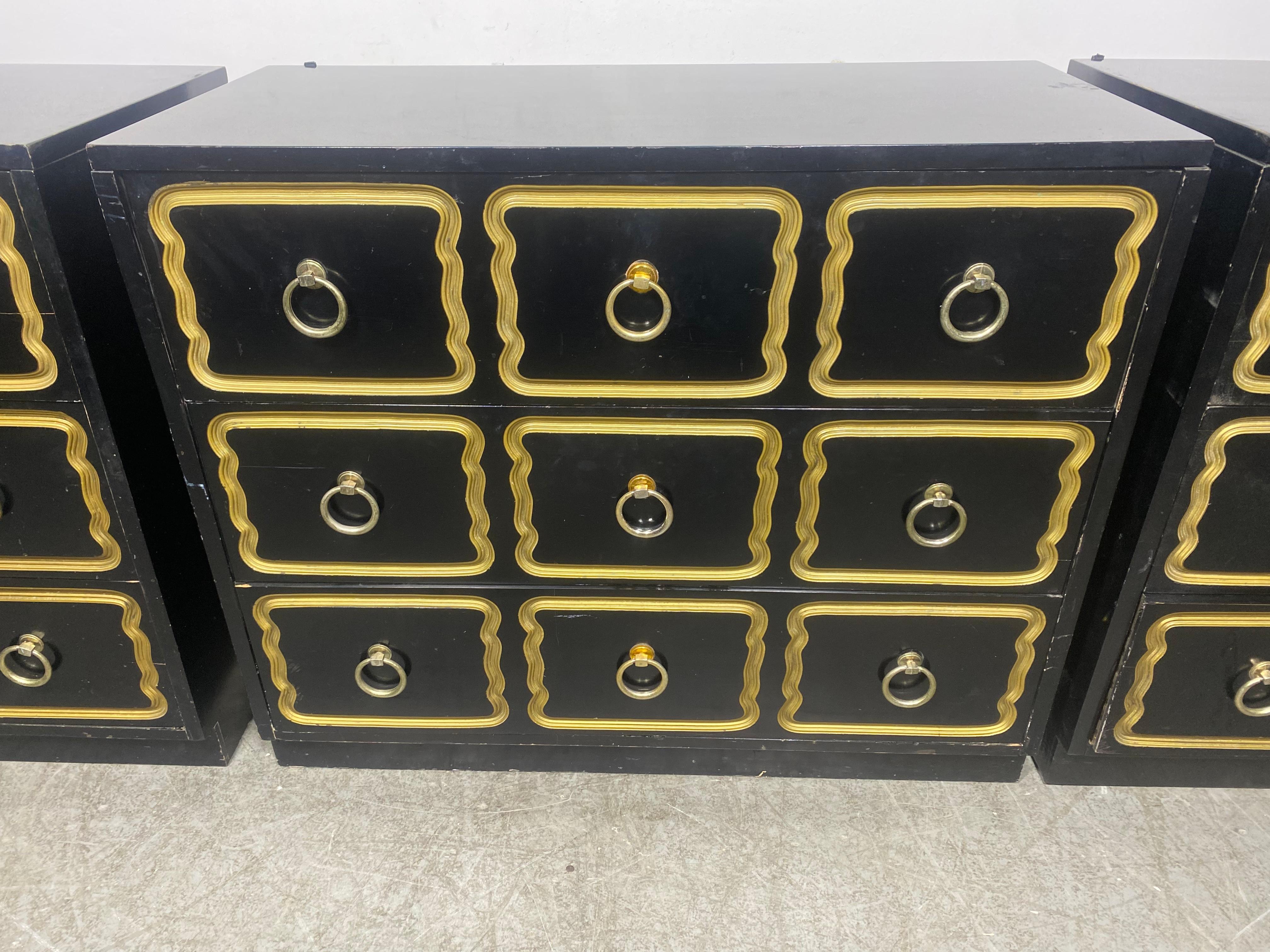 Set (3) Hollywood Regency Nightstands / Chests Dorothy Draper Espana Style .. Classic design.. Priced individually..better price for all.. Age appropriate wear,, minor scratches ,,paint loss.. Hand delivery avail to New York City or anywhere en