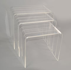 Set 3 Italian Etched Lucite Waterfall Nesting Tables Stacking Tables Stools 1970