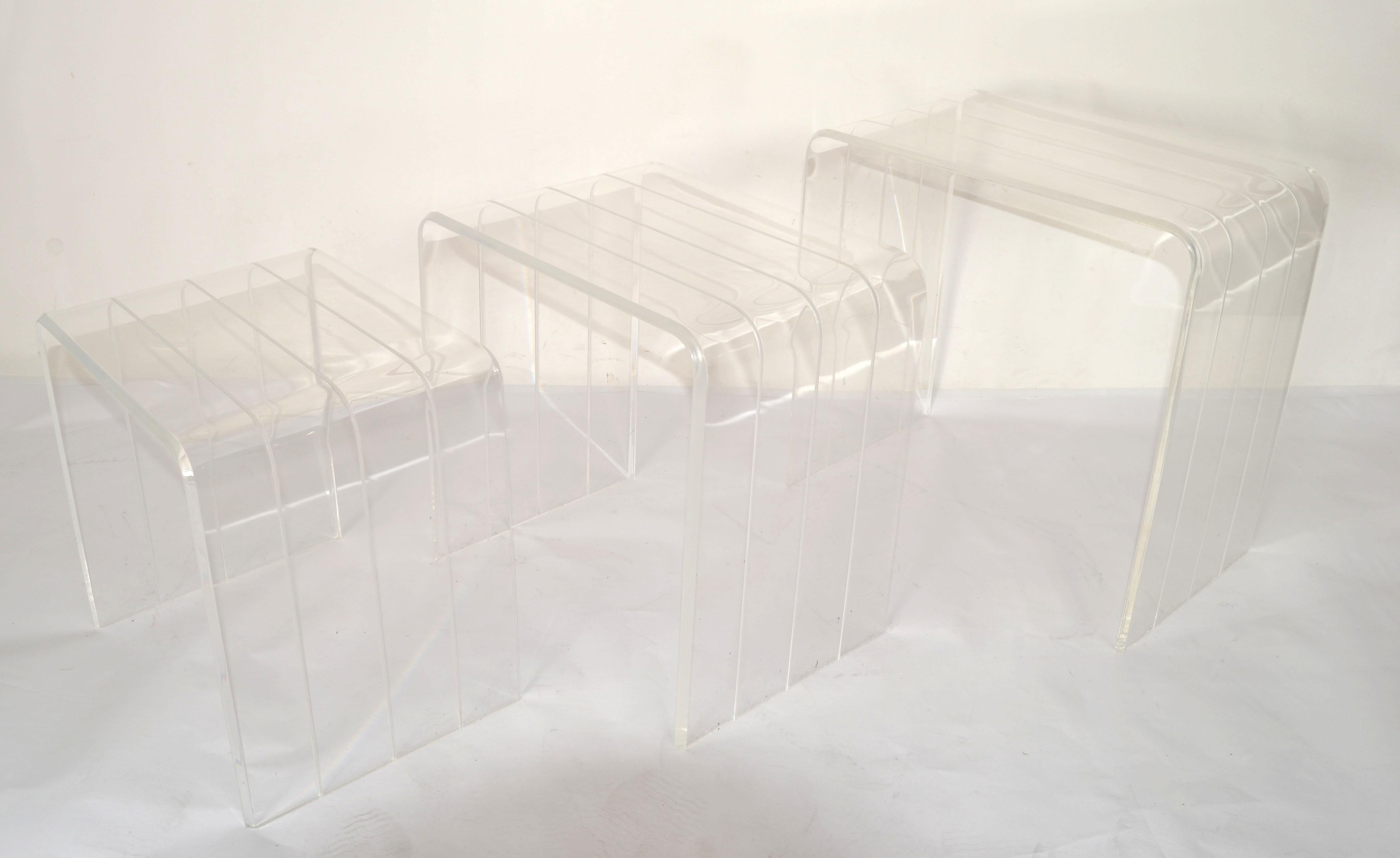 Set 3 Italian Etched Lucite Waterfall Nesting Tables Stacking Tables Stools 1970 For Sale 2