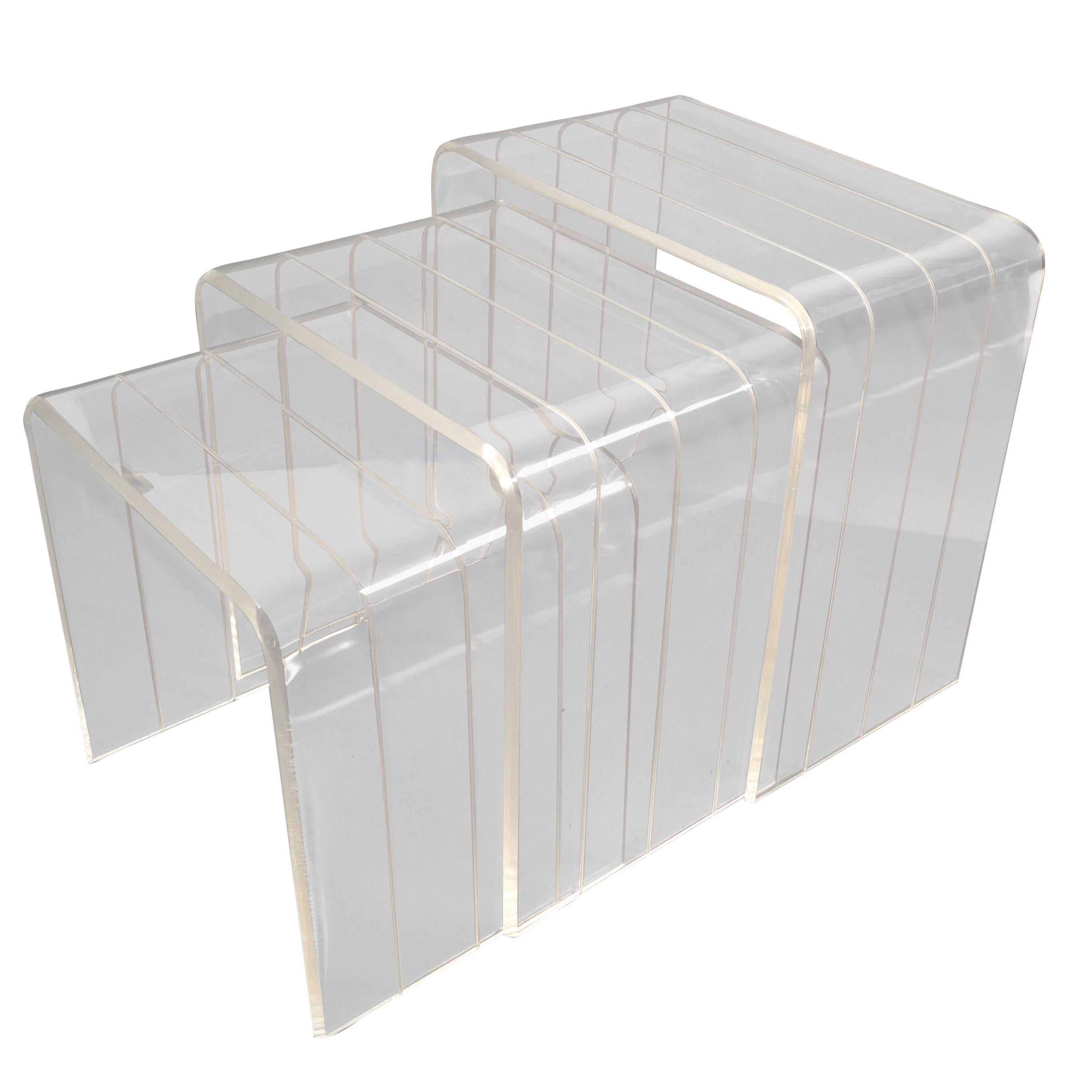 Set 3 italienische geätzte Lucite-Wasserfall-Stapeltische, Stapeltische und Hocker 1970