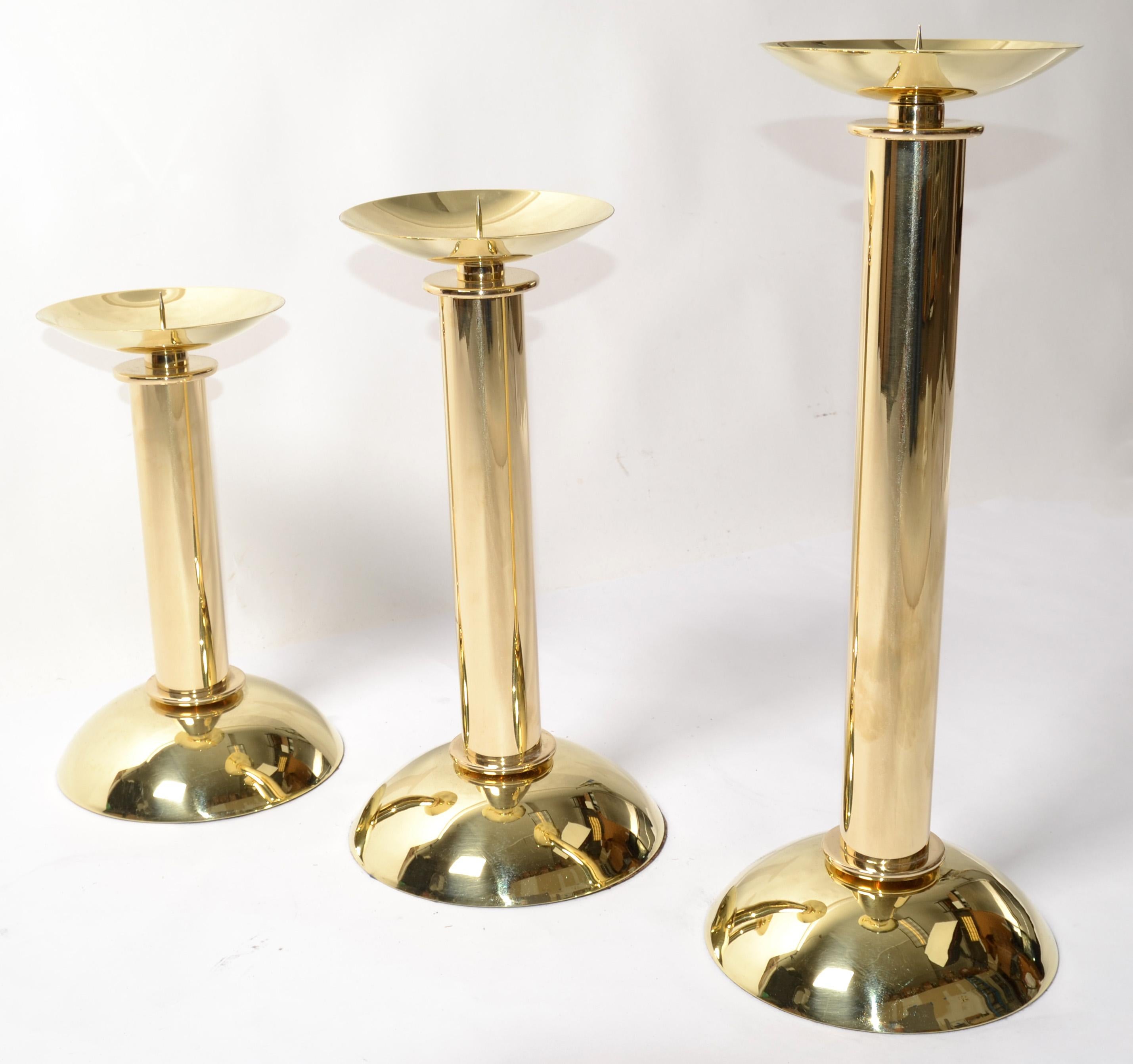 Set 3 Karl Springer LTD Polished Brass Nesting Pillar Candlesticks Holders 1985  For Sale 8