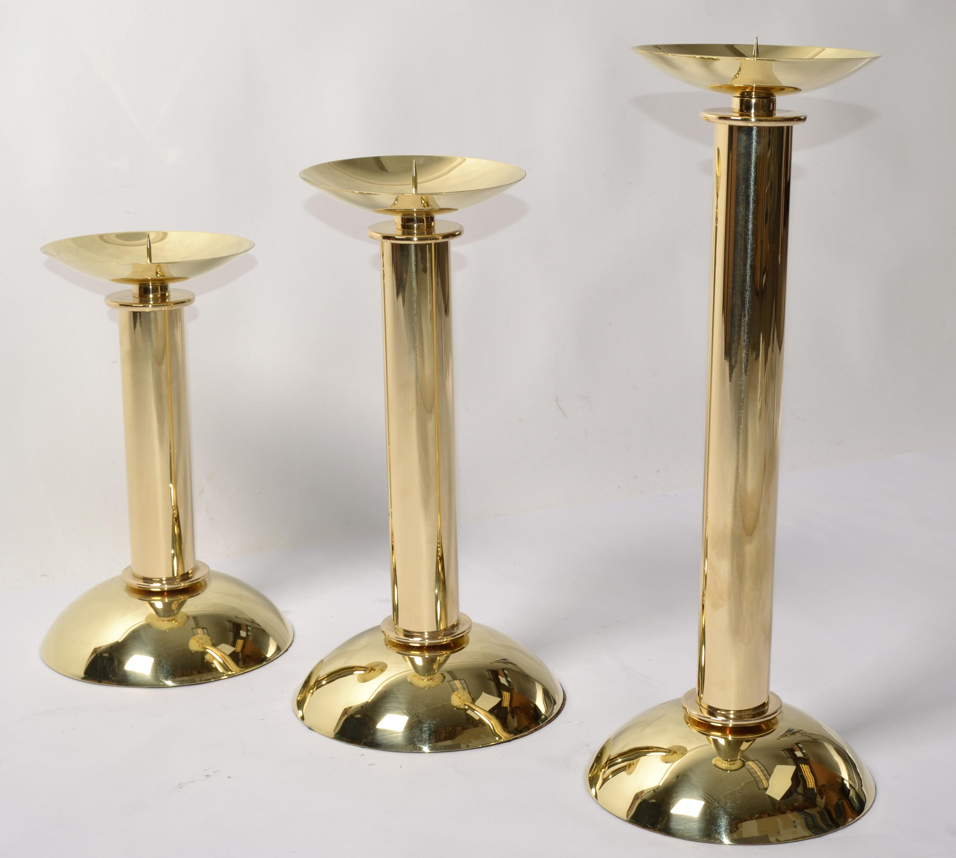 Art Deco Set 3 Karl Springer LTD Polished Brass Nesting Pillar Candlesticks Holders 1985  For Sale