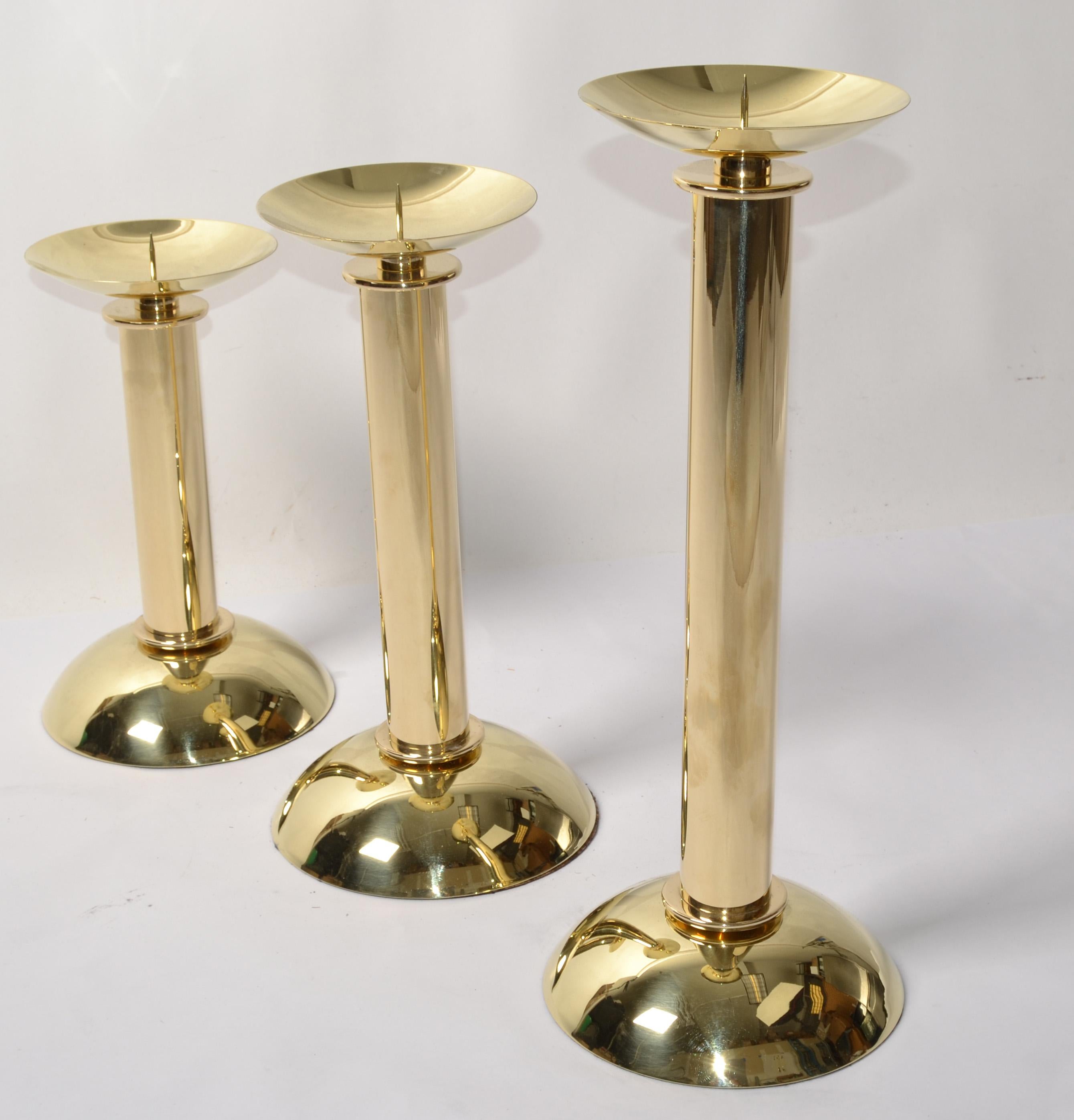 20th Century Set 3 Karl Springer LTD Polished Brass Nesting Pillar Candlesticks Holders 1985  For Sale