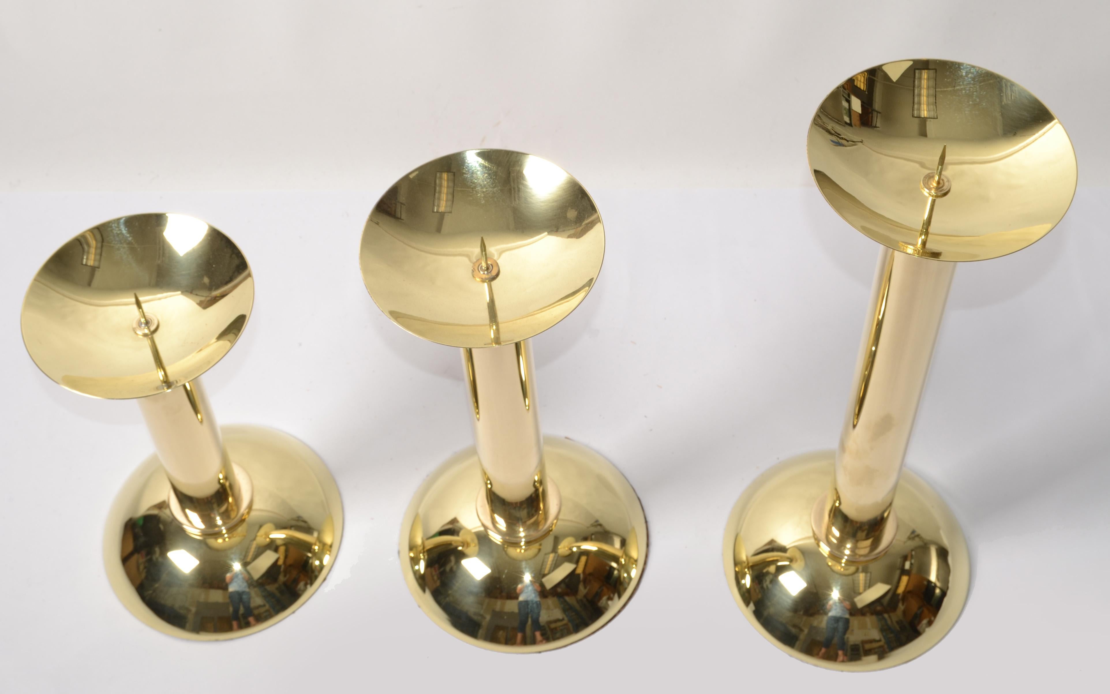 Set 3 Karl Springer LTD Polished Brass Nesting Pillar Candlesticks Holders 1985  For Sale 3