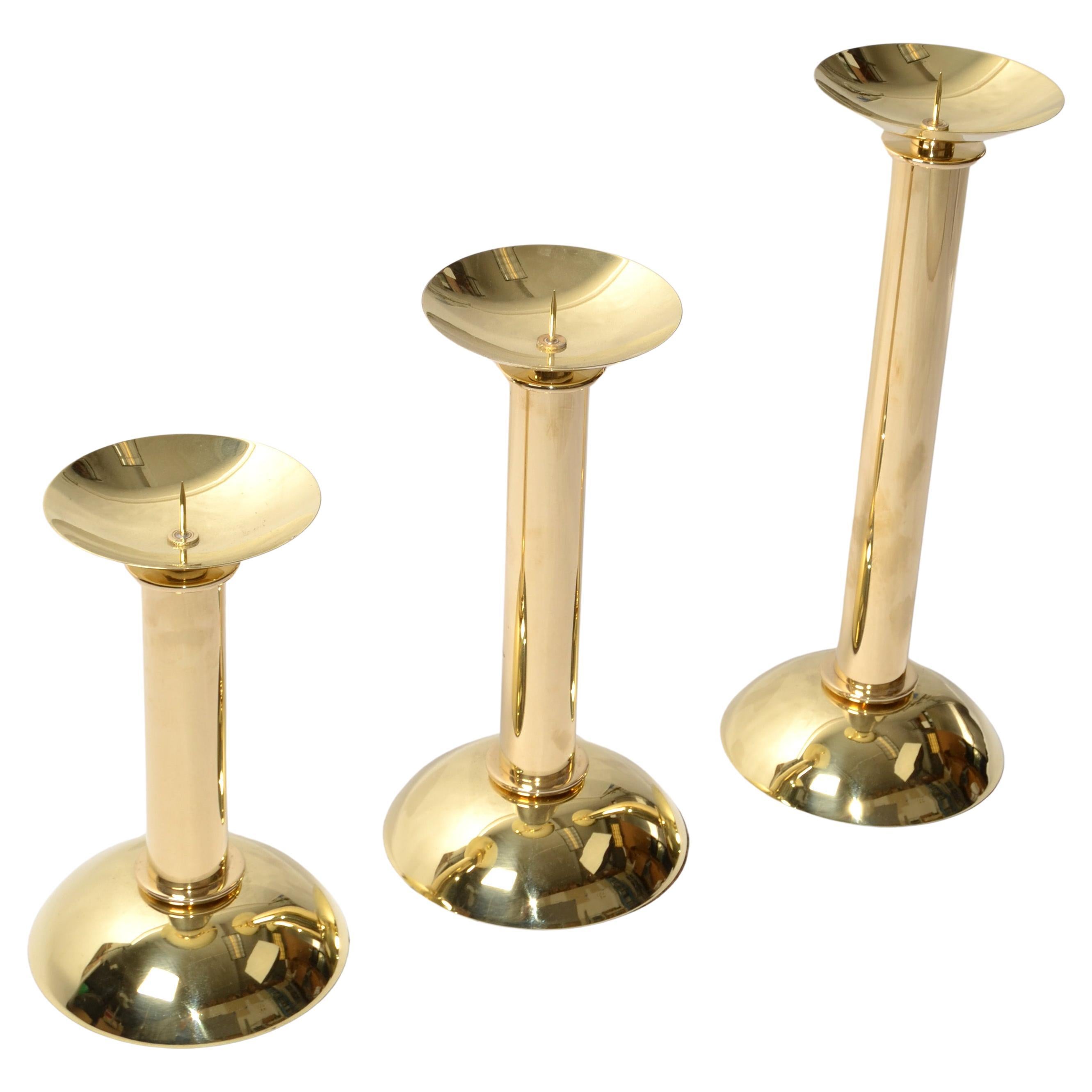 Set 3 Karl Springer LTD Polished Brass Nesting Pillar Candlesticks Holders 1985  For Sale