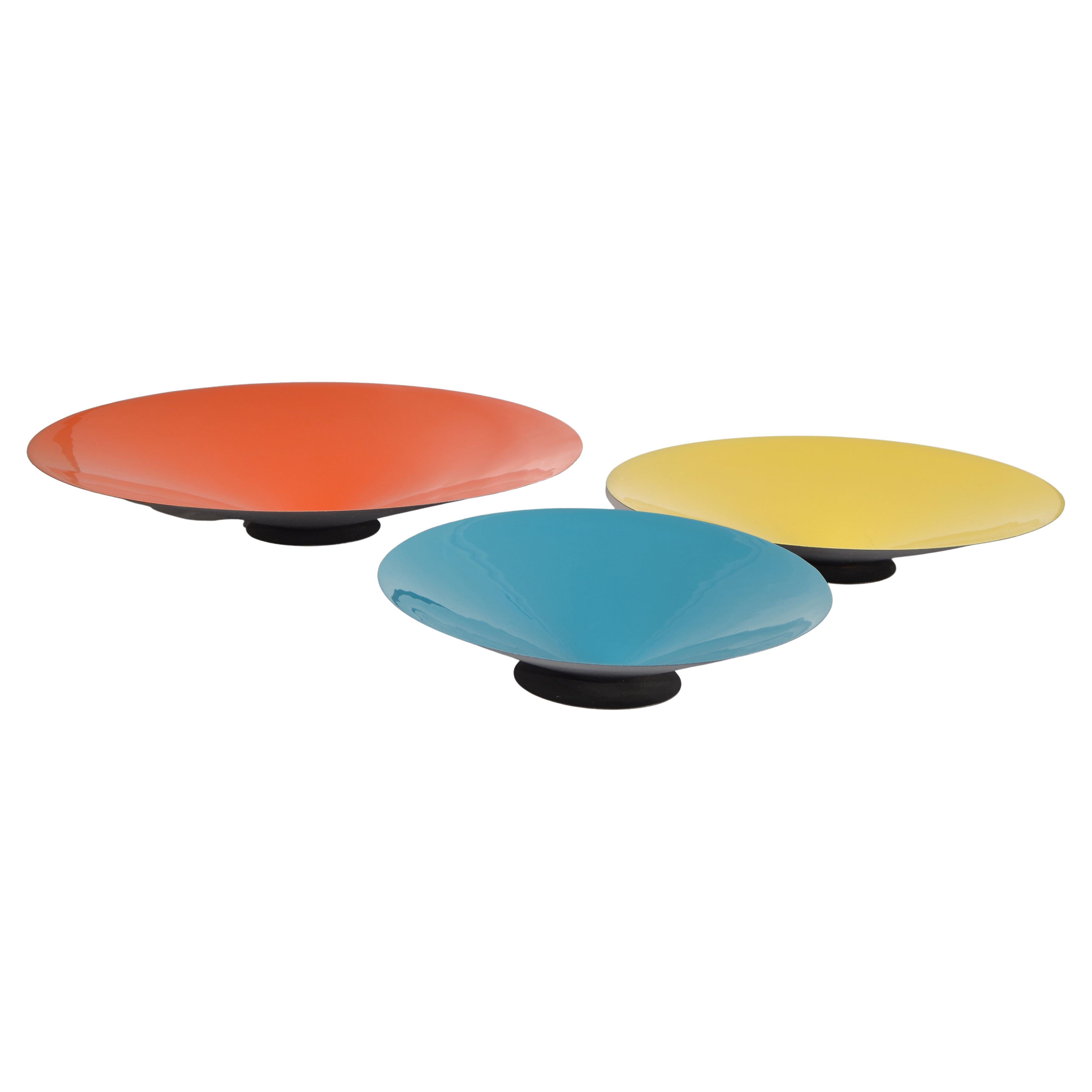 Set 3 Metall Emaille Wanddekoration Skulpturen Teller in Blau Gelb Orange Farbe
