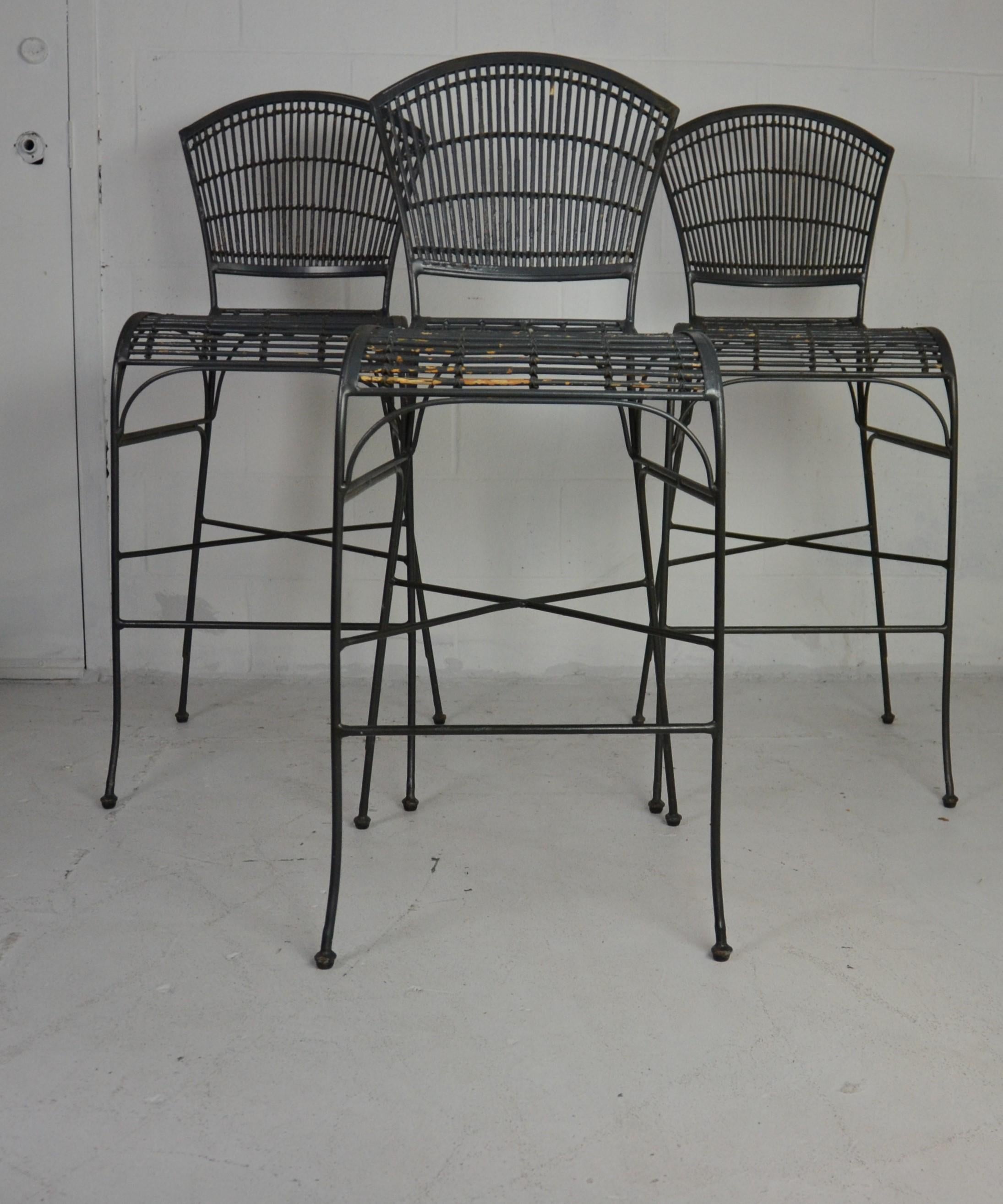 Set 3 nice quality iron bar stools with wooden rods these are very well made and strong. Midcentury.