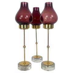 Set 3 Mid-Century Modern Purple Glass & Brass Candlesticks Ystad Metall Sweden