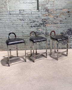 Set 3 Pierre Cardin Chrome and Leather Bar/Counter Stools, Italy 1970