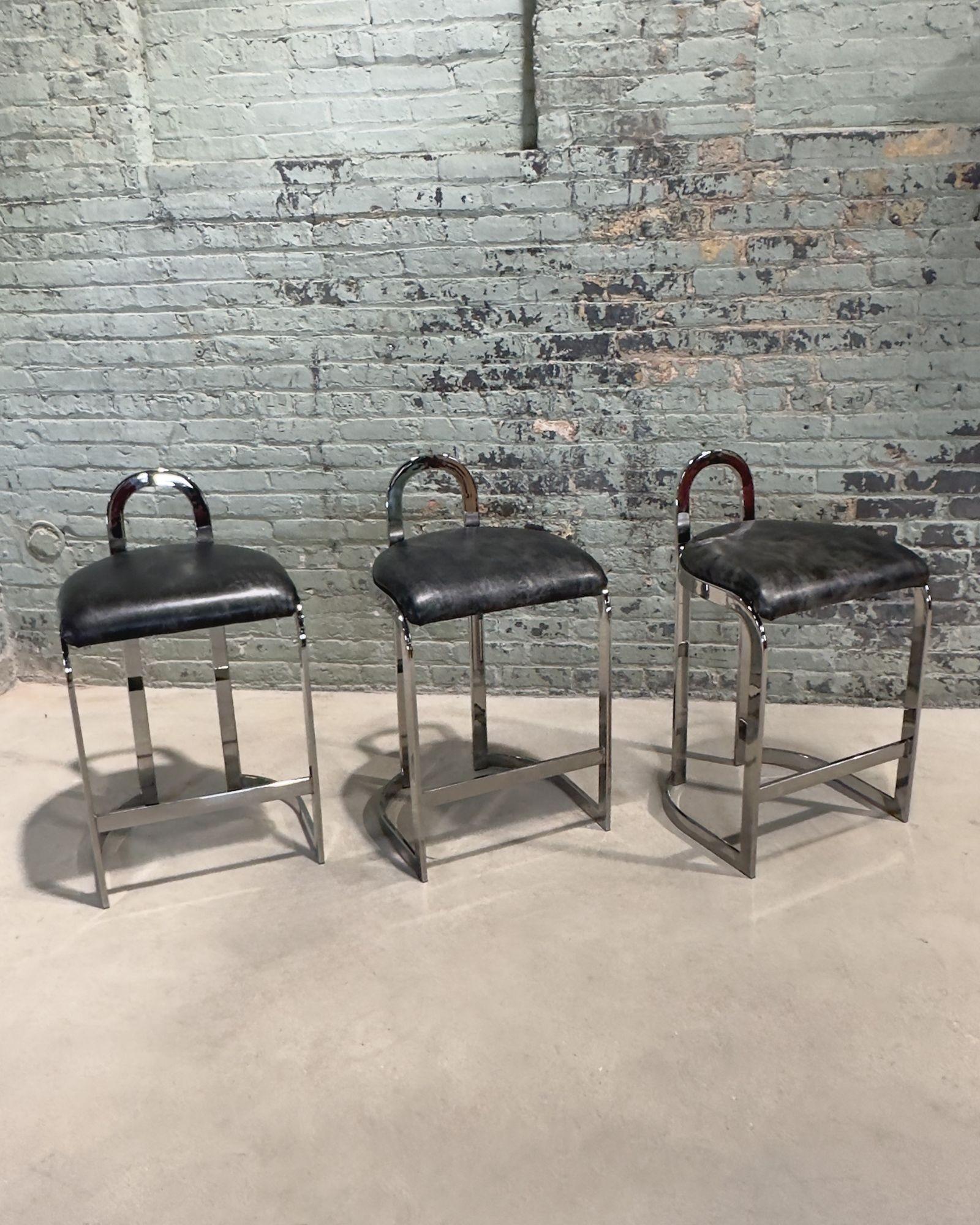 Mid-Century Modern Set 3 Pierre Cardin Chrome and Leather Bar/Counter Stools, Italy 1970