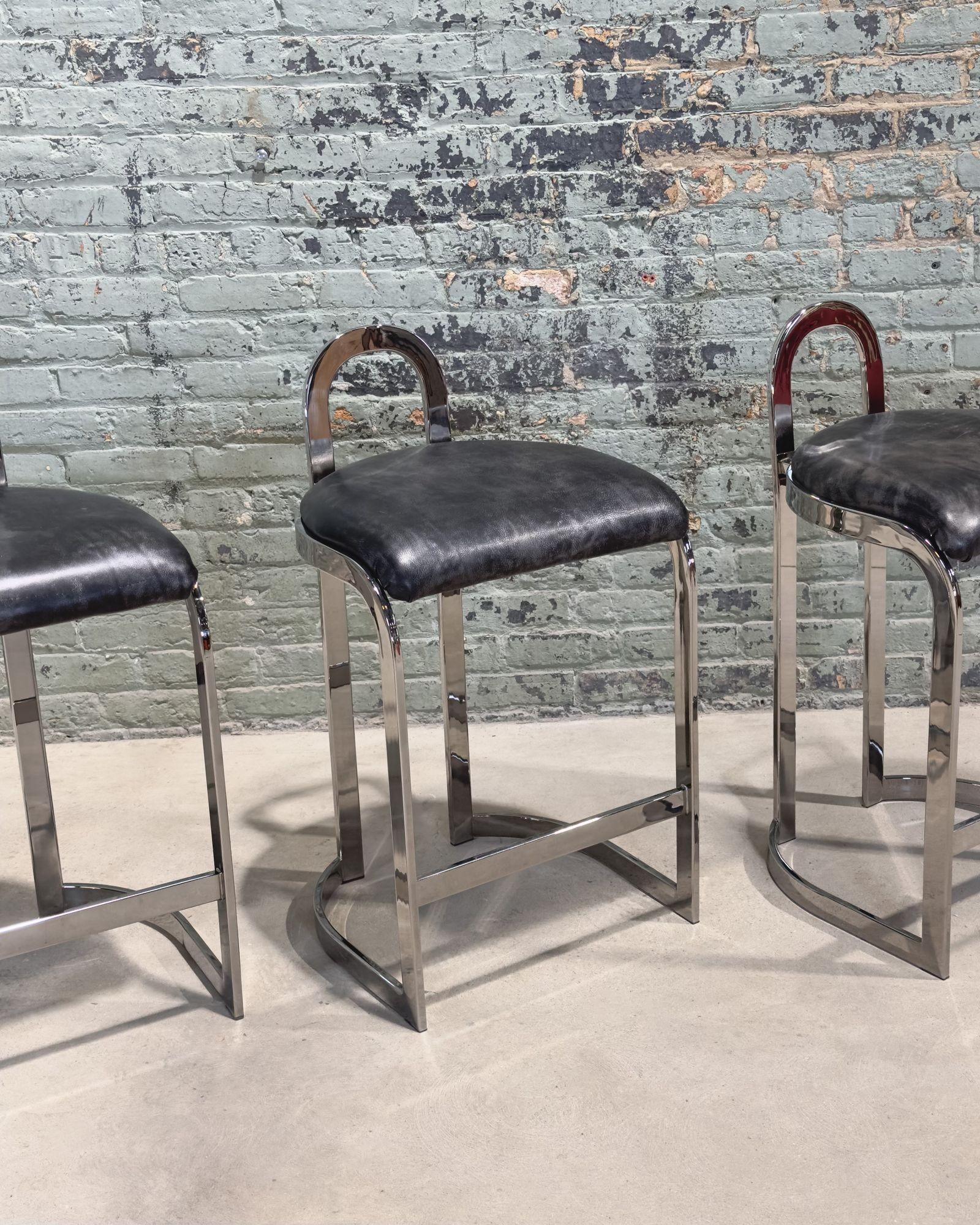 Set 3 Pierre Cardin Chrome and Leather Bar/Counter Stools, Italy 1970 In Good Condition In Chicago, IL