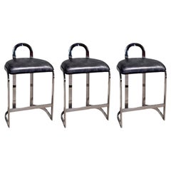 Set 3 Pierre Cardin Chrome and Leather Bar/Counter Stools, Italy 1970