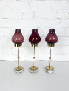 Set 3 Mid-Century Modern Purple Glass & Brass Candlesticks Ystad Metall Sweden