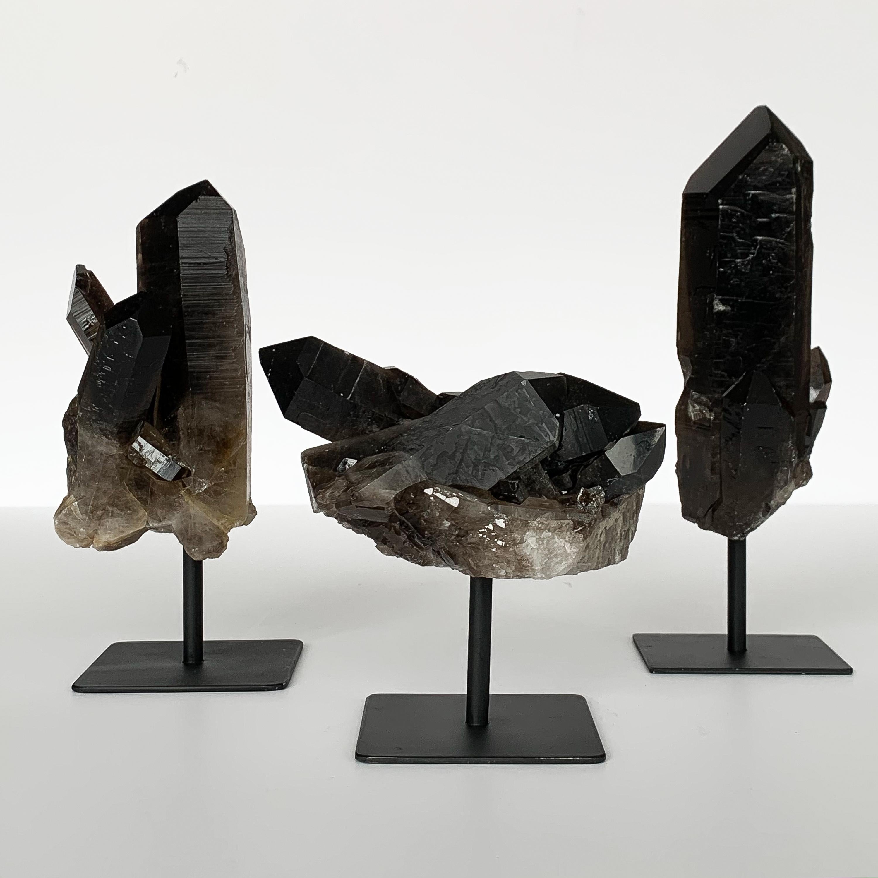 Mid-Century Modern Set 3 Smoky Quartz Crystal Specimens Mounted