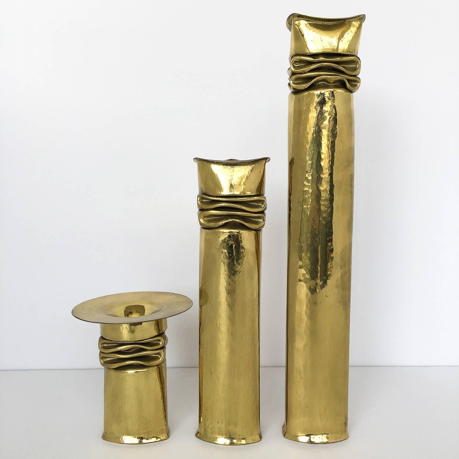 American Set of Three Thomas Roy Markusen Brutalist Brass Candleholder / Vases