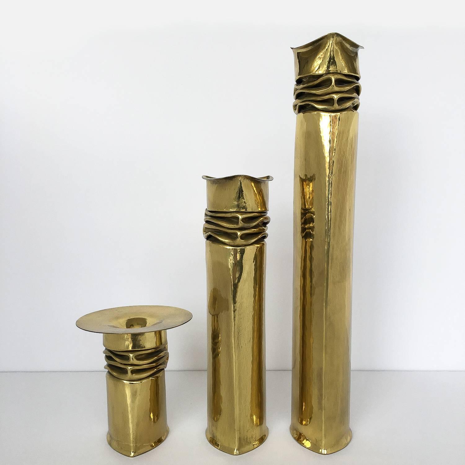 Plated Set of Three Thomas Roy Markusen Brutalist Brass Candleholder / Vases
