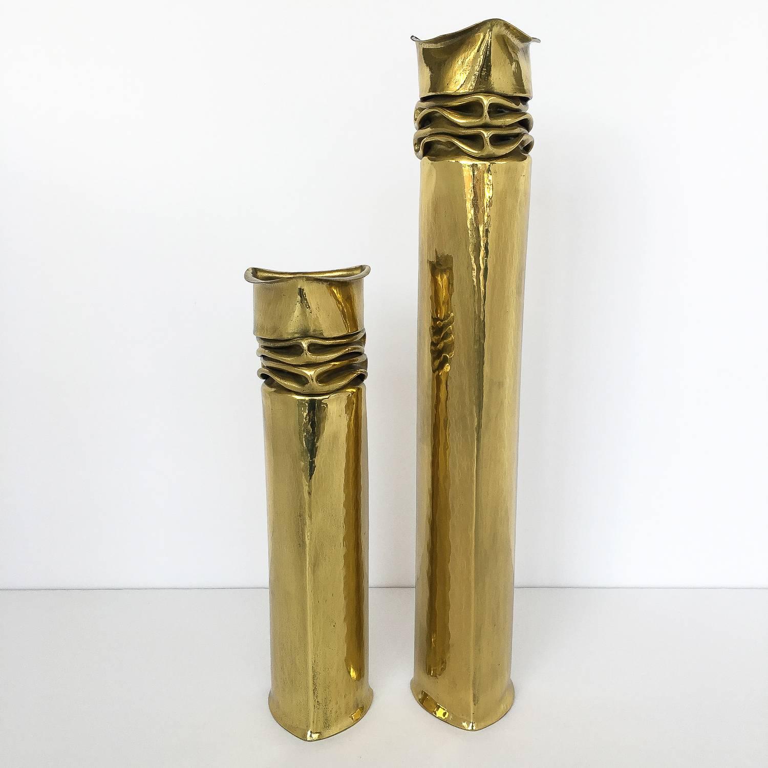 Set of Three Thomas Roy Markusen Brutalist Brass Candleholder / Vases In Excellent Condition In Chicago, IL