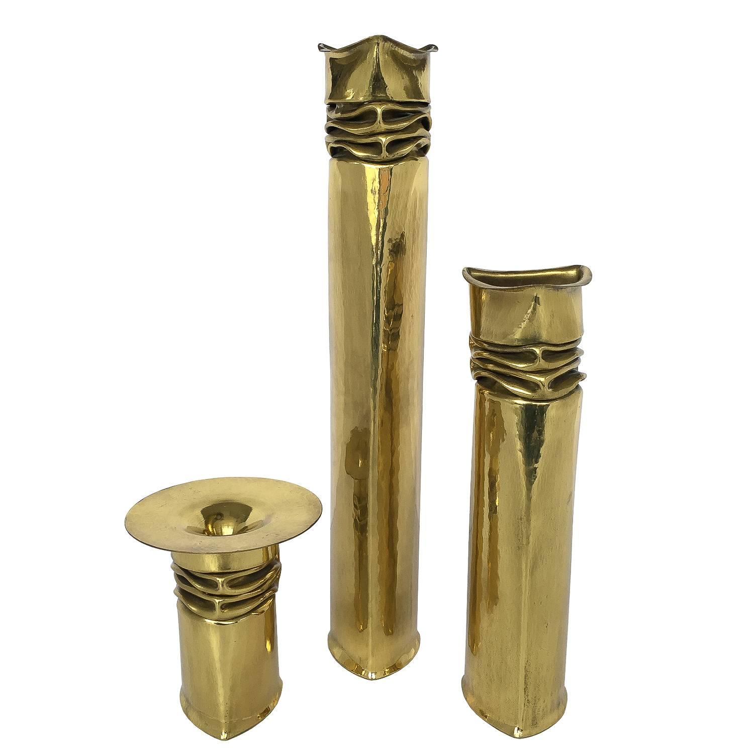 Set of Three Thomas Roy Markusen Brutalist Brass Candleholder / Vases
