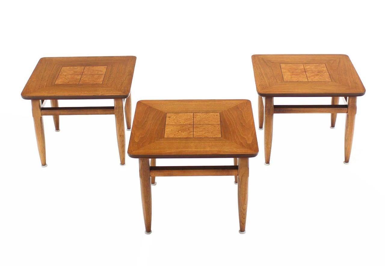 Set 3 Three American Burl Walnut Square End Side Occasional Tables Stands MINT! For Sale 2