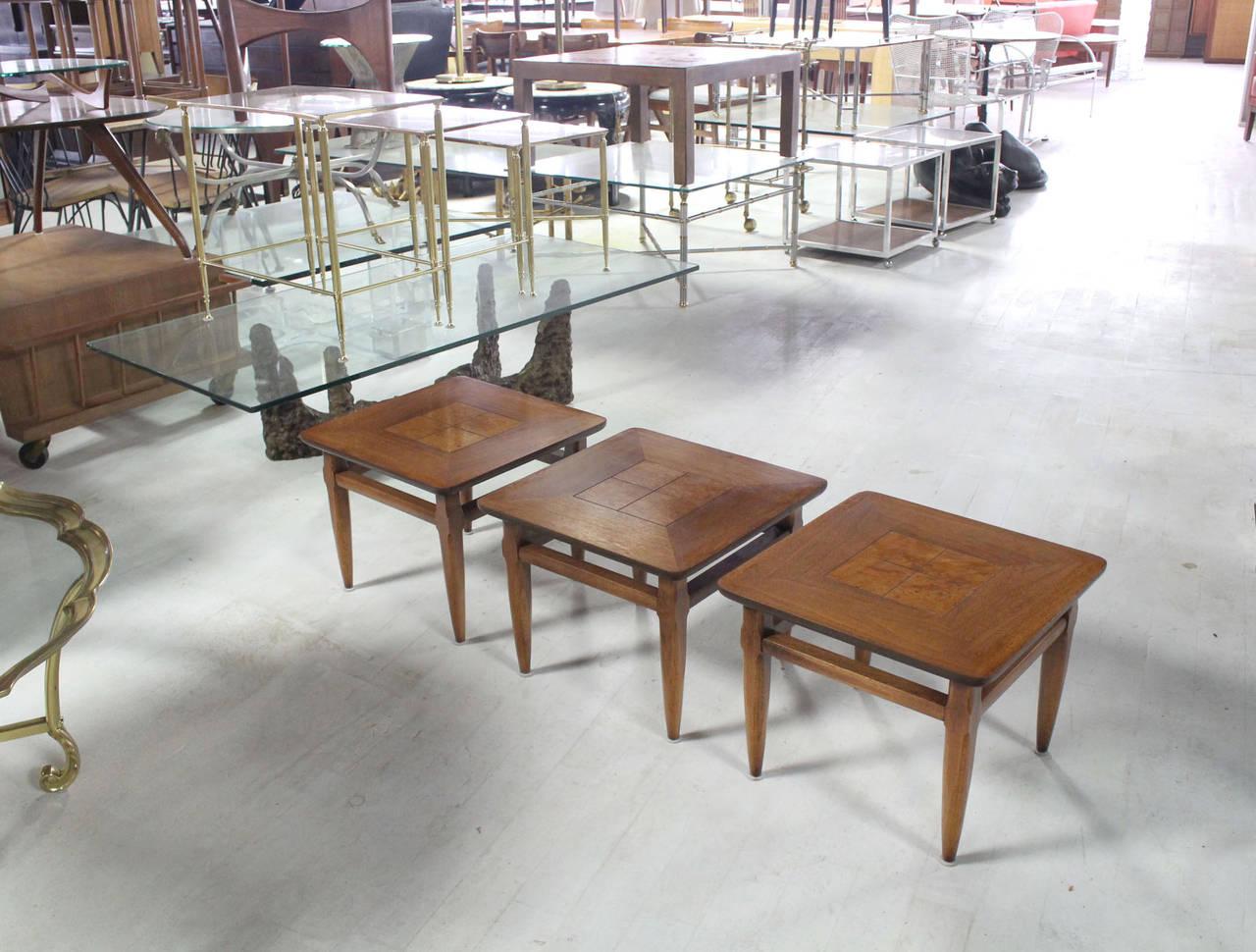 Set 3 Three American Burl Walnut Square End Side Occasional Tables Stands MINT! For Sale 3