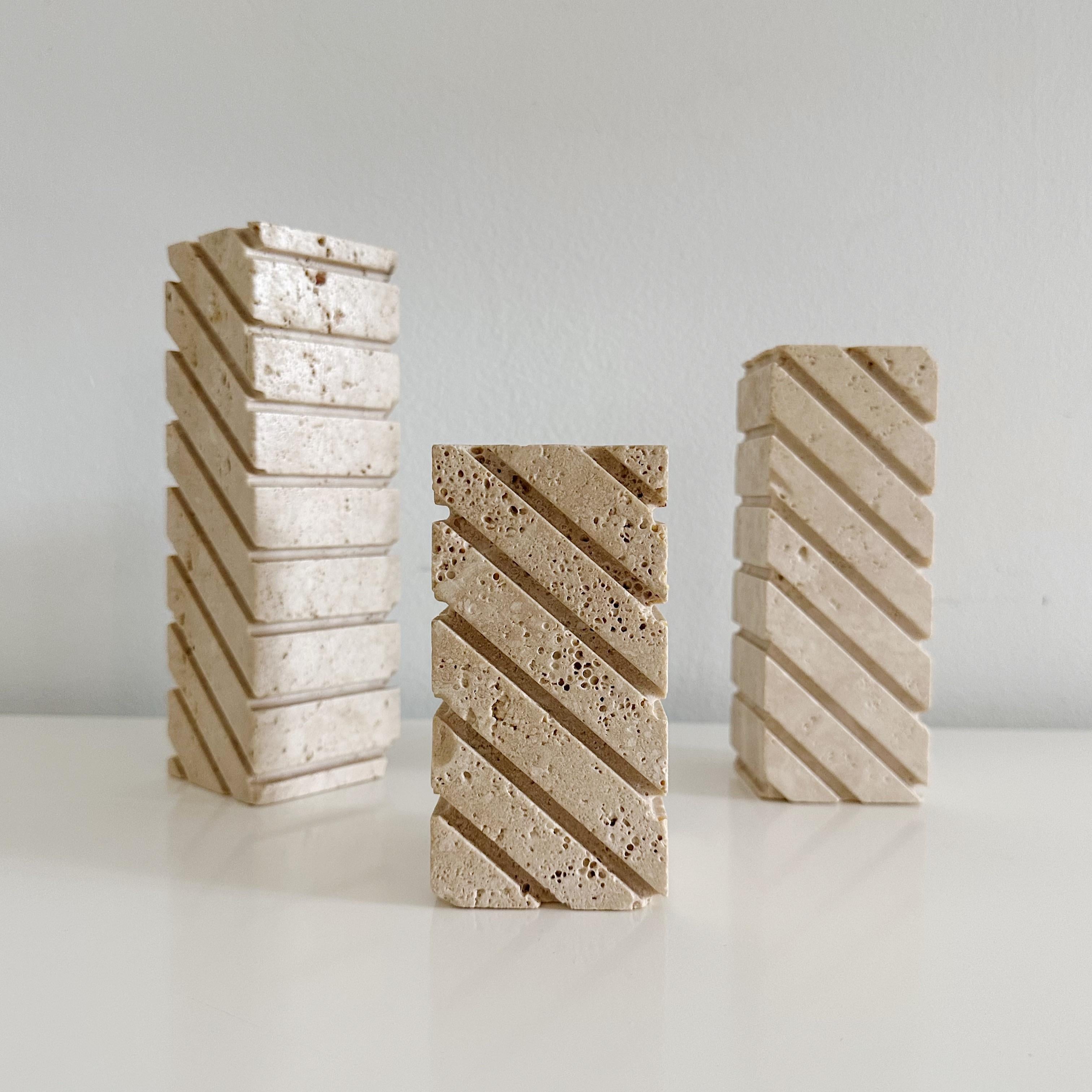 Set 3 Travertine Candleholders by Fratelli Mannelli Raymor, with incised geometric pattern, staggered in height 5