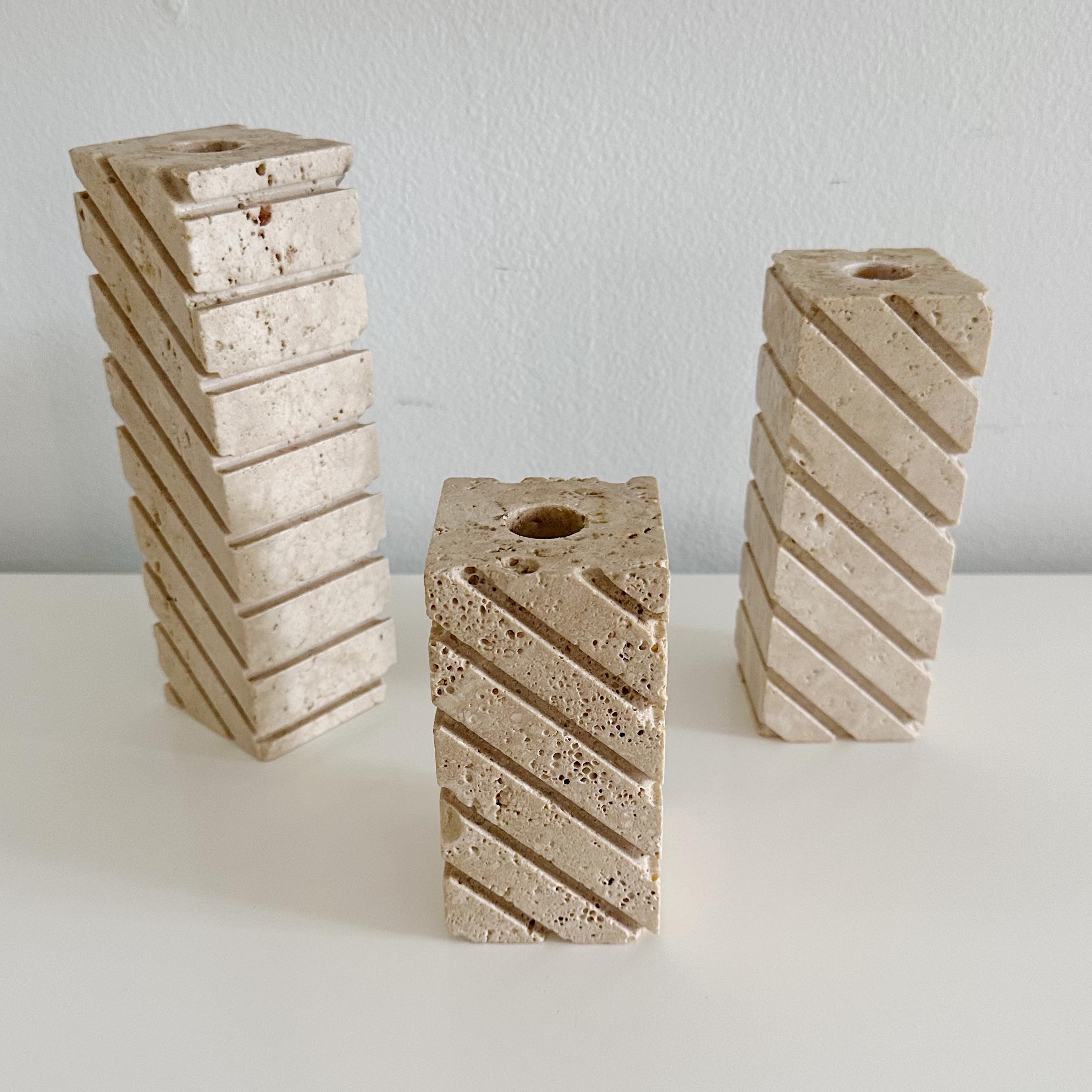 Hand-Carved Set 3 Travertine Vintage Candleholders by Fratelli Manelli for Raymor For Sale