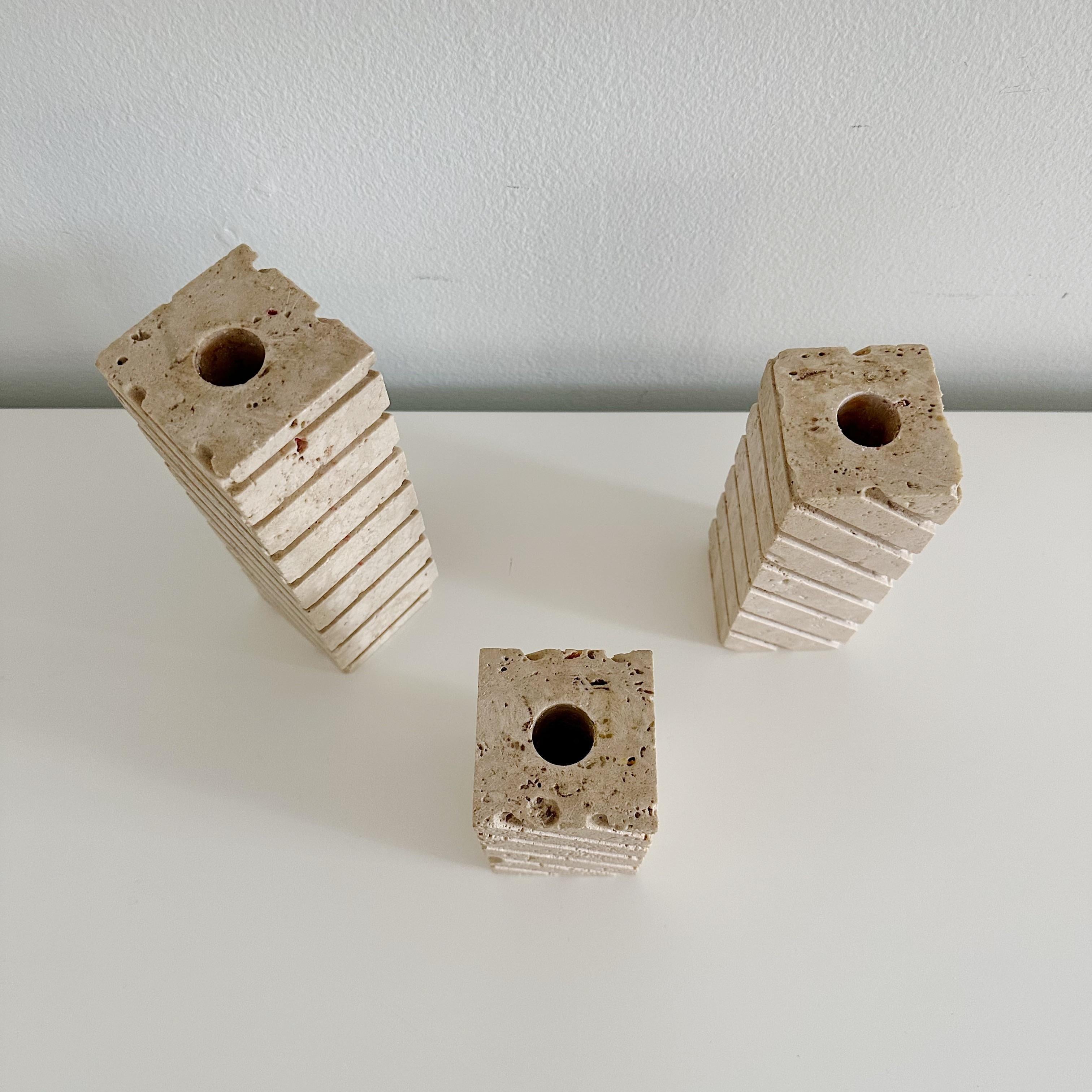 Set 3 Travertine Vintage Candleholders by Fratelli Manelli for Raymor In Good Condition For Sale In West Palm Beach, FL