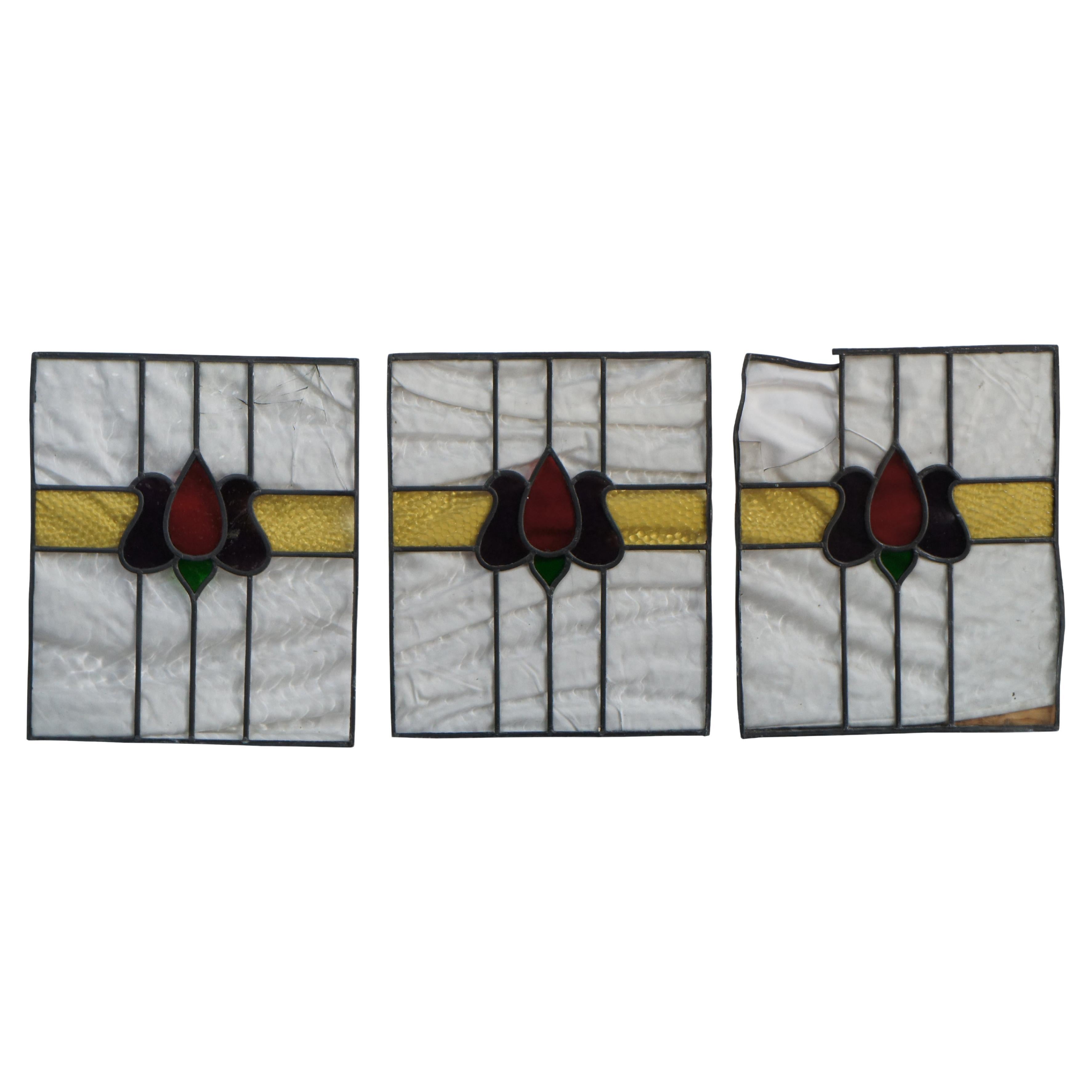 Set di 3 pannelli per vetrate a piombo di epoca vittoriana Recupero architettonico