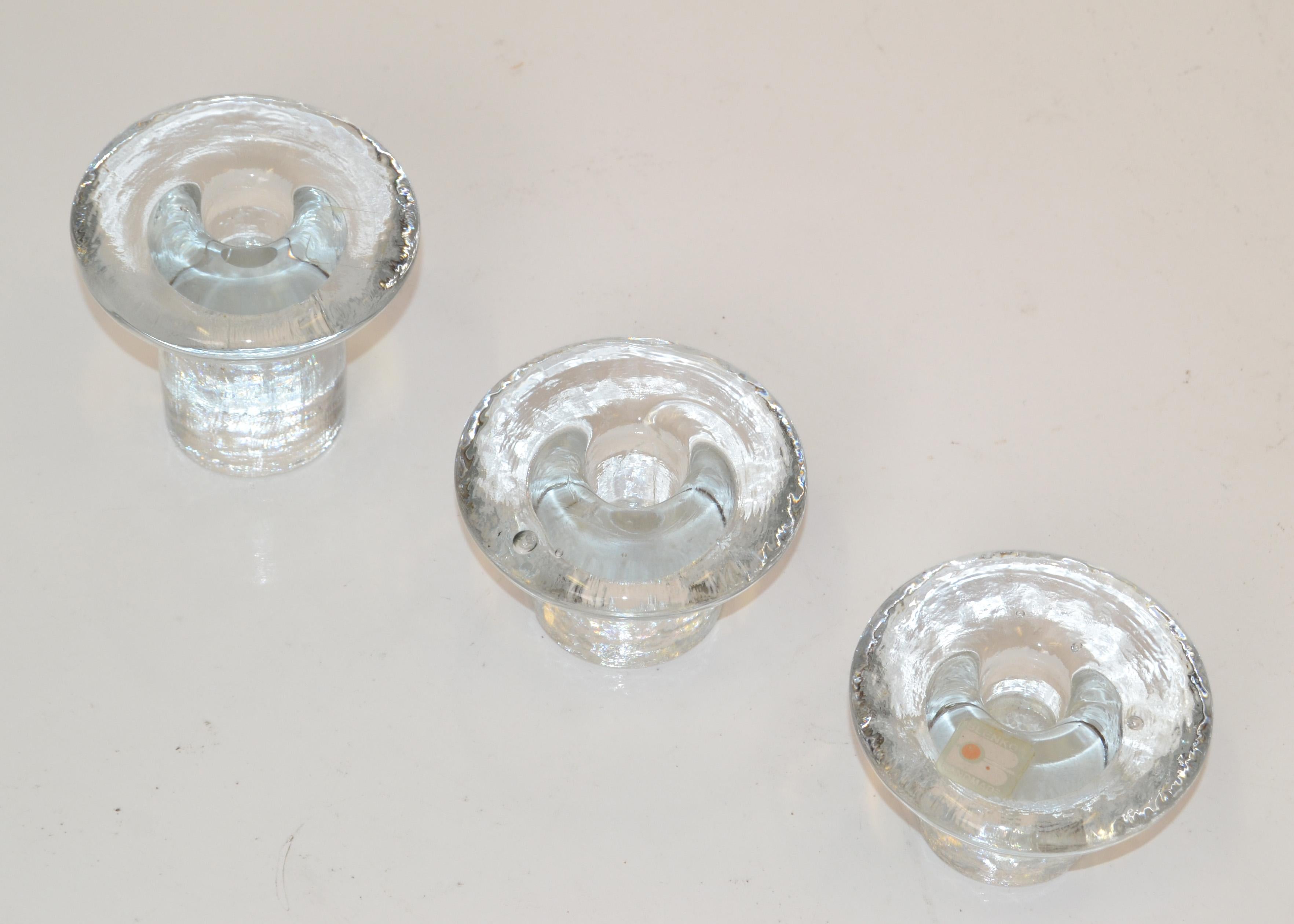 Late 20th Century Set 3 Vintage Blenko Art Glass Ice Mushroom Candle Holders Designed Don Shepherd