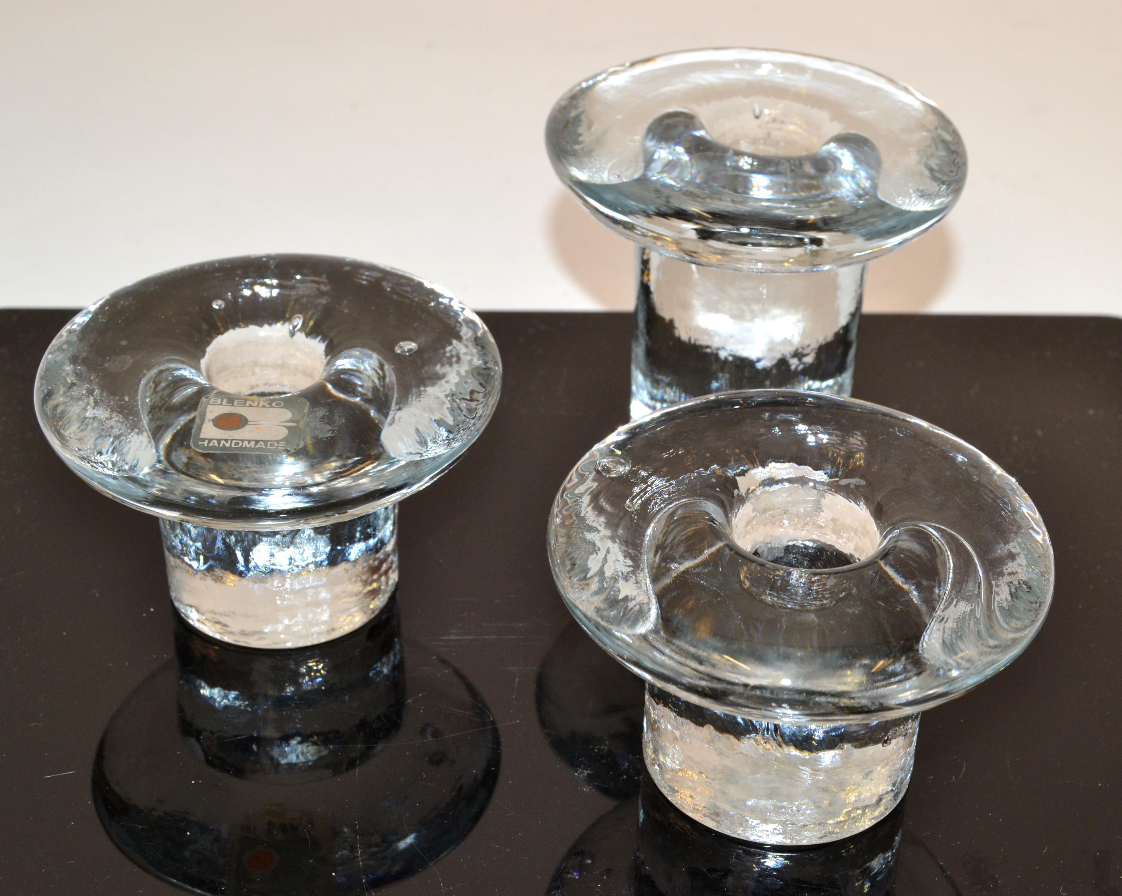 Set 3 Vintage Blenko Art Glass Ice Mushroom Candle Holders Designed Don