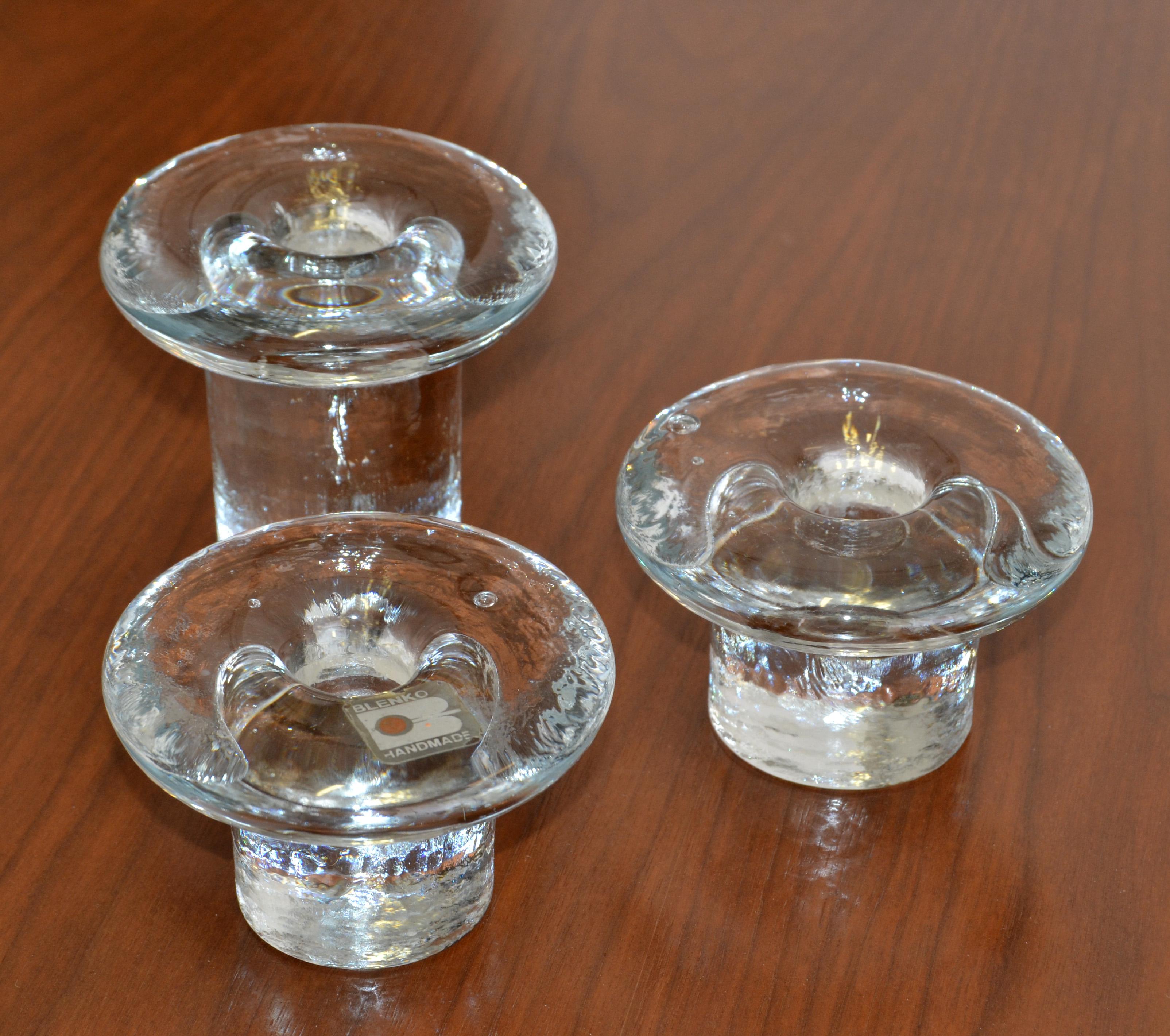 American Set 3 Vintage Blenko Art Glass Ice Mushroom Candle Holders Designed Don Shepherd