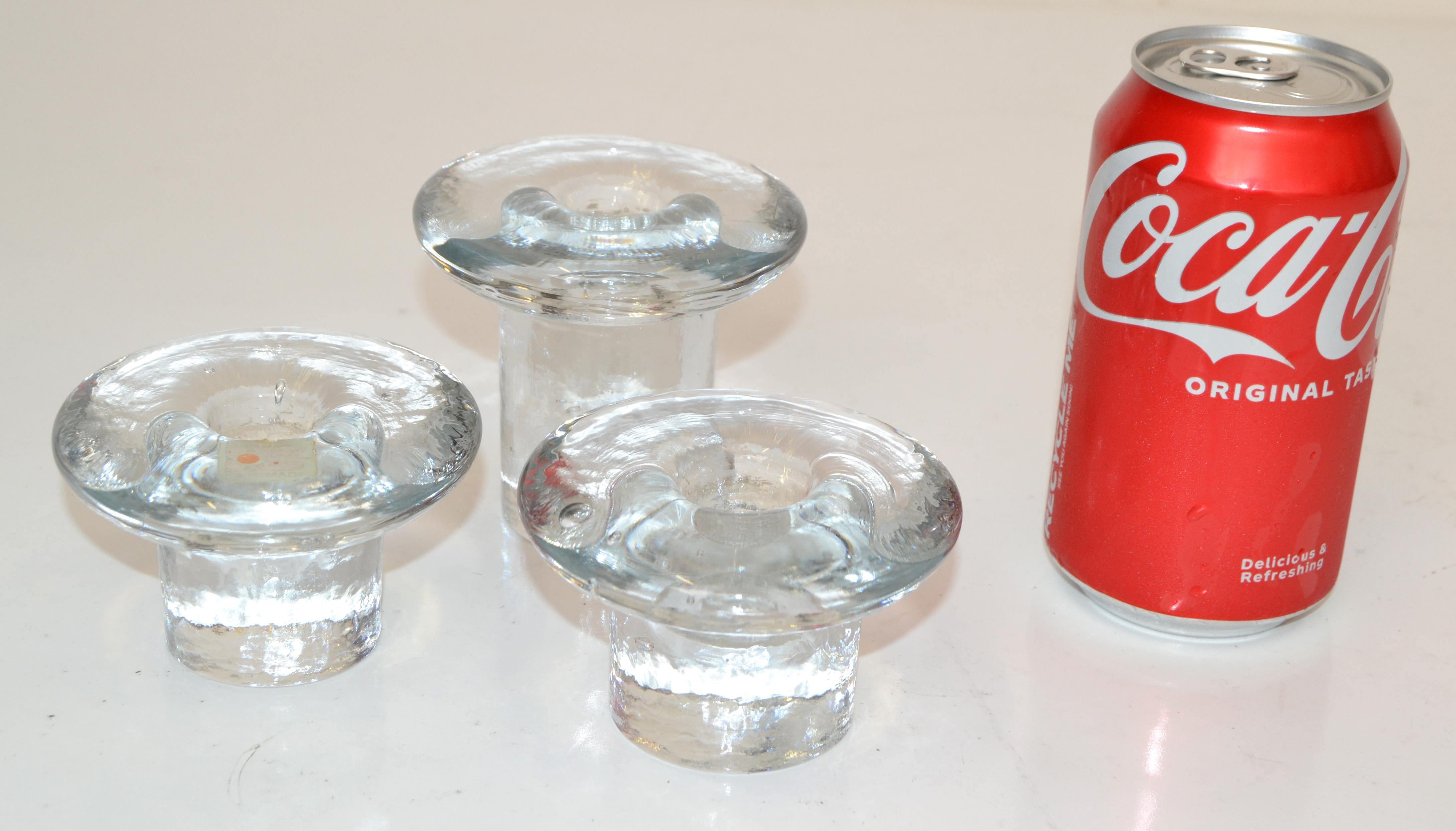 Hand-Crafted Set 3 Vintage Blenko Art Glass Ice Mushroom Candle Holders Designed Don Shepherd