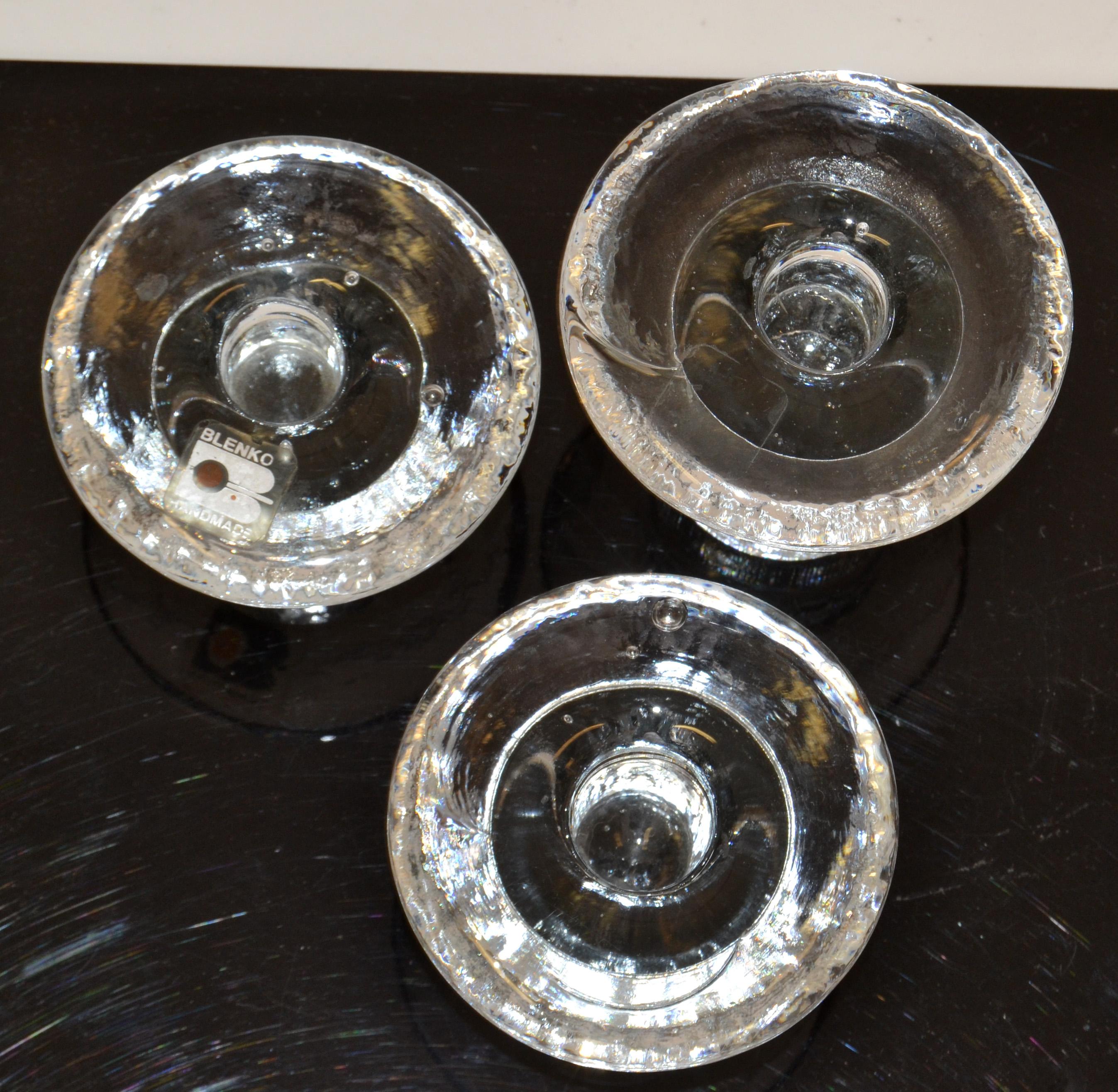 Set 3 Vintage Blenko Art Glass Ice Mushroom Candle Holders Designed Don Shepherd In Good Condition In Miami, FL