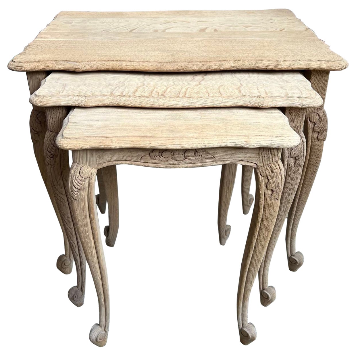 Set 3 Vintage French Nesting Tables Bleached Stripped Carved Oak Side End Table
