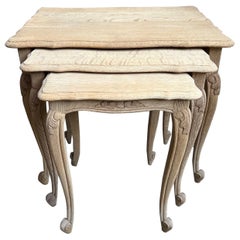 Set 3 Vintage French Nesting Tables Bleached Stripped Carved Oak Side End Table