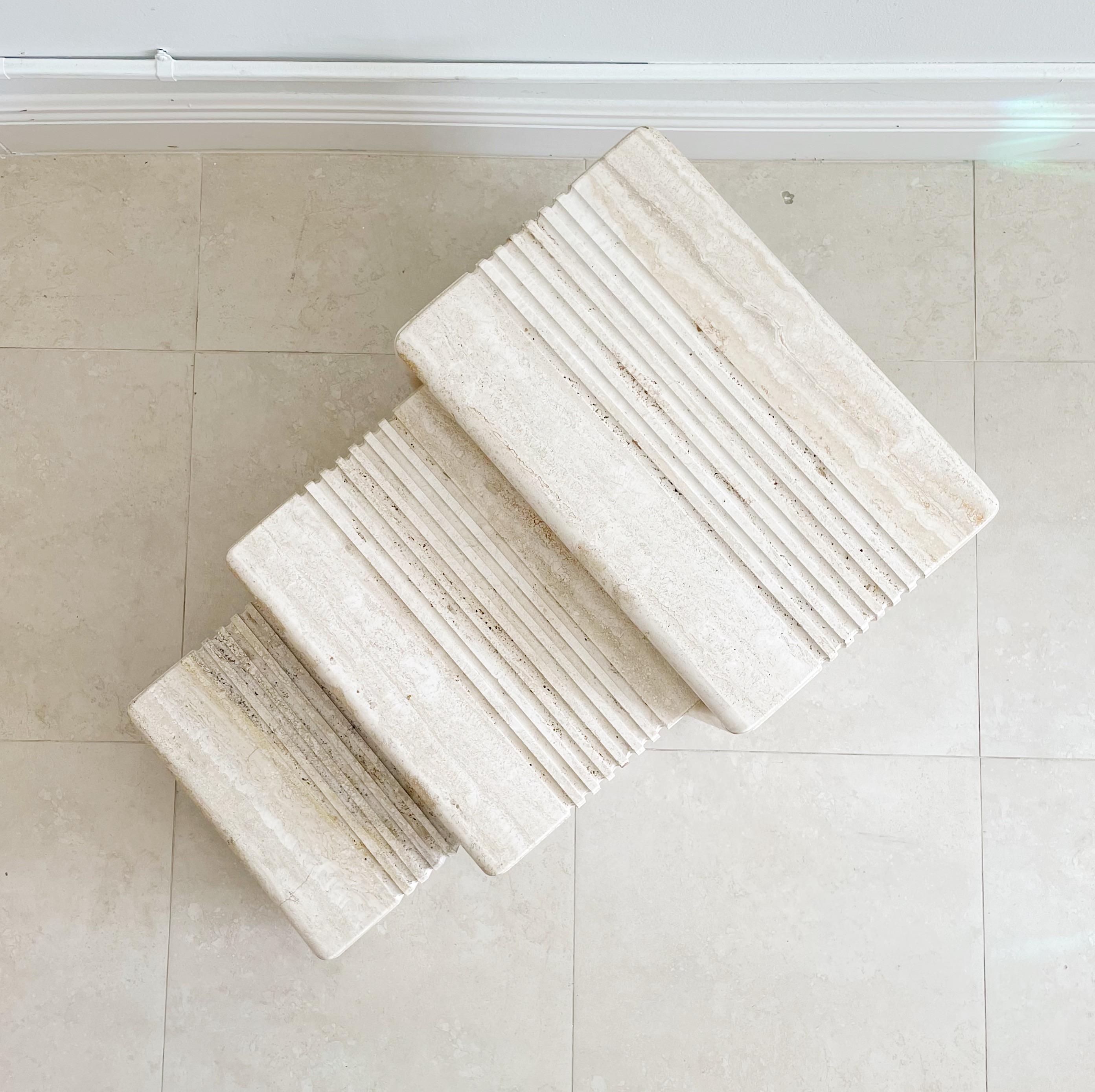 Hand-Crafted Set 3 Vintage Italian Travertine Marble Channeled Nesting Tables