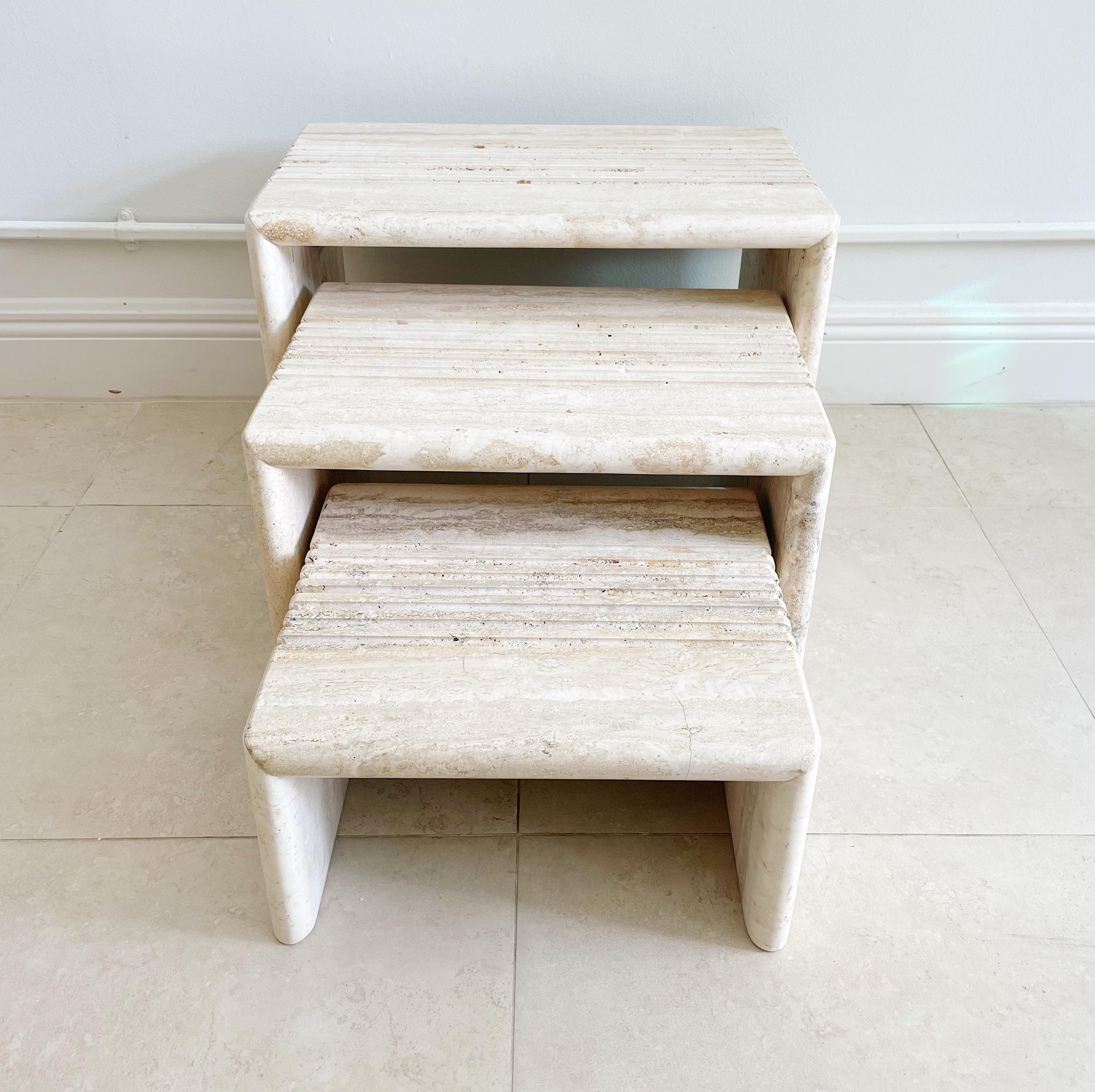 Late 20th Century Set 3 Vintage Italian Travertine Marble Channeled Nesting Tables