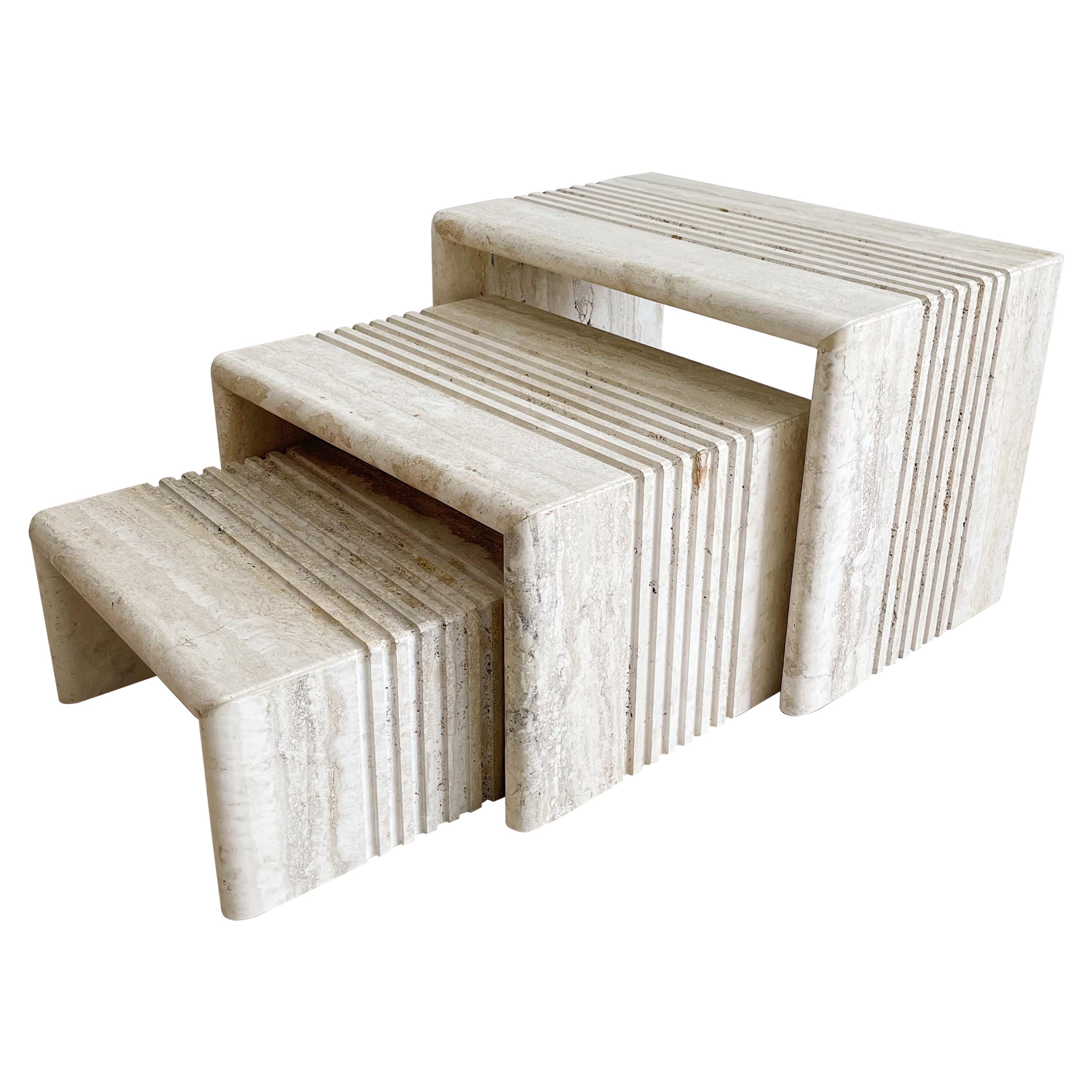 Set 3 Vintage Italian Travertine Marble Channeled Nesting Tables