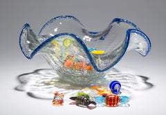 Set 30 Murano Art Glass Mini Wrapped Candy Pieces in Bowl, Glow in UV, 1960s