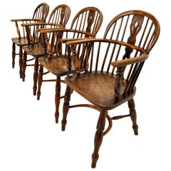 Set 4 19th Century Antique English Ash & Elm Low Hoop Back Windsor Chairs 1840