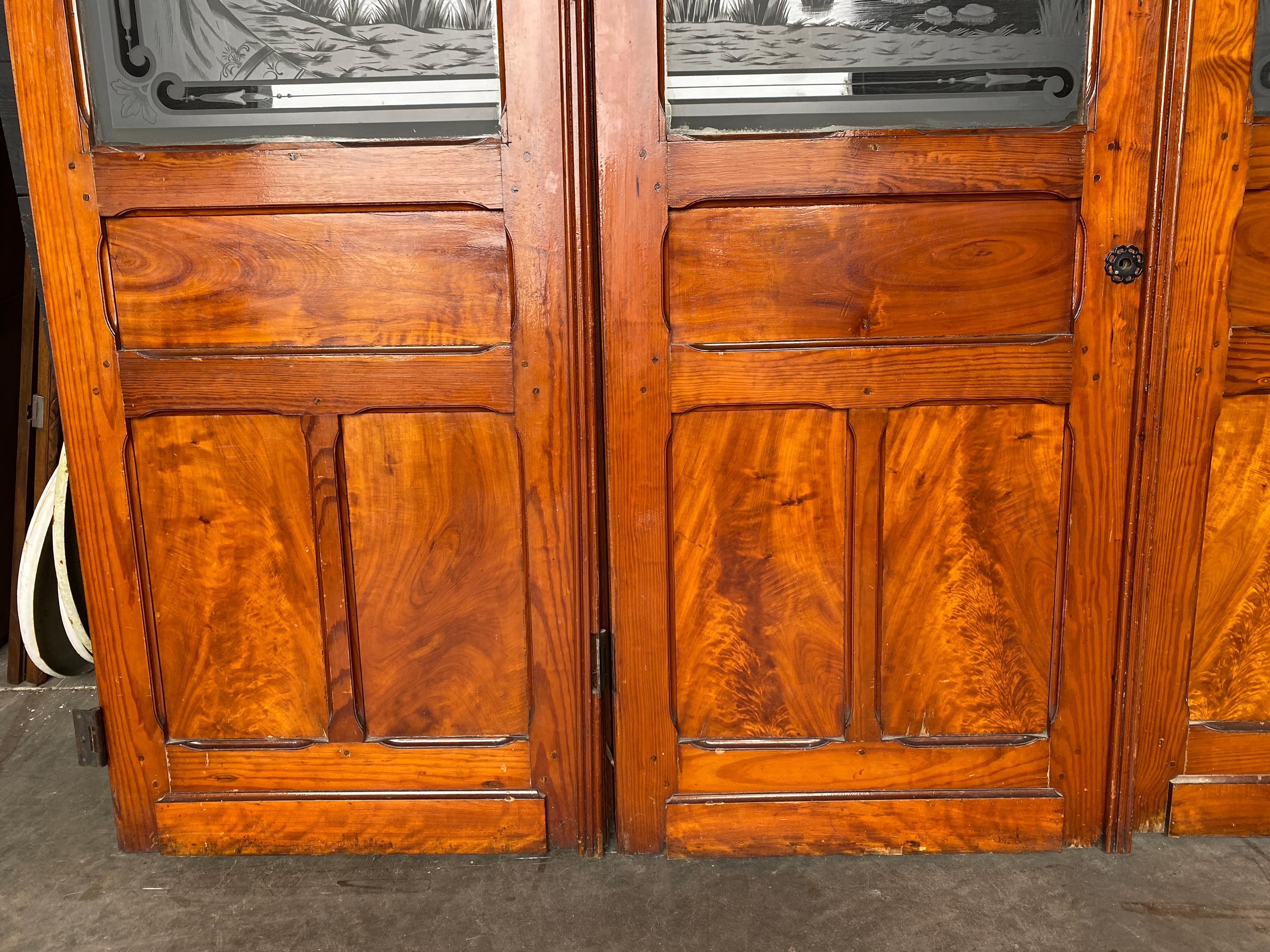 Pine Set 4 19th Century French Etched Glass Chateau Doors