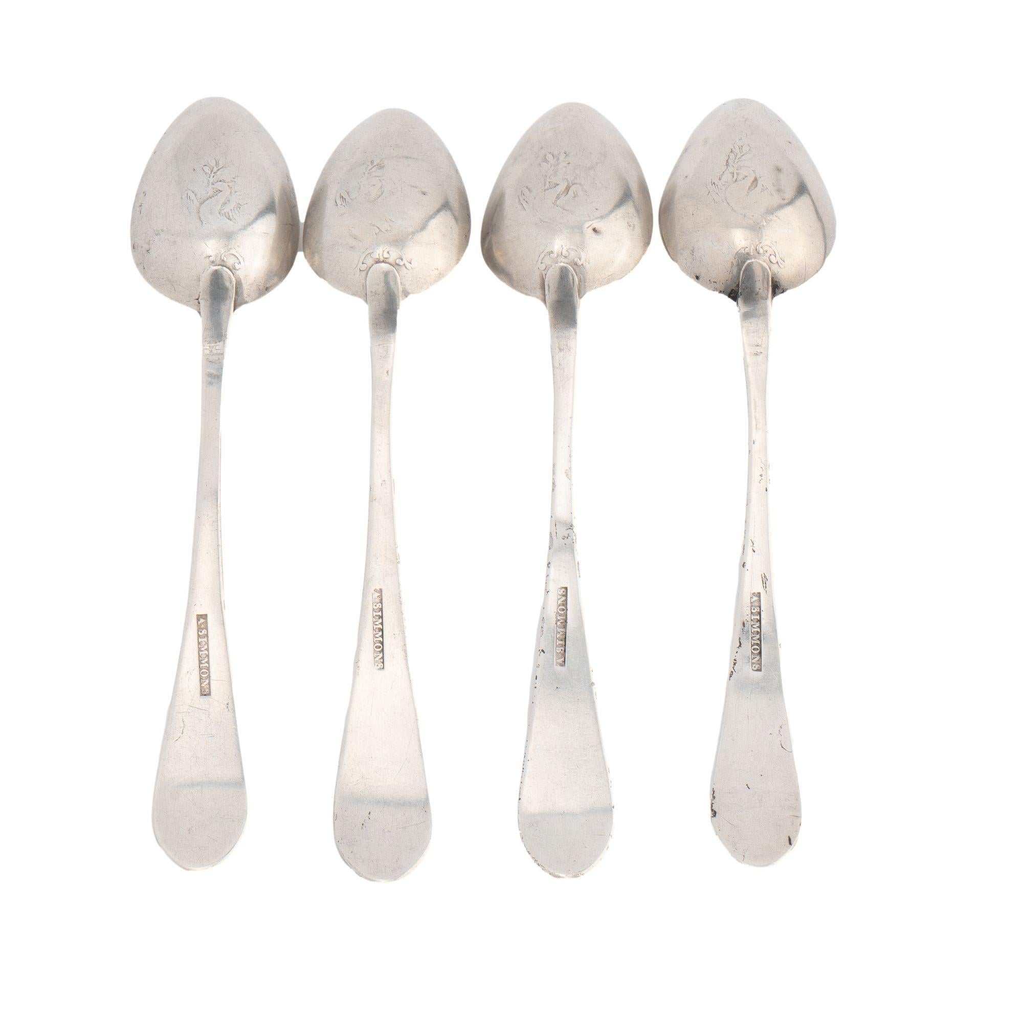 Set 4 American coin silver bird back tea spoons by Anthony Simmons, c. 1795-1808 For Sale 1
