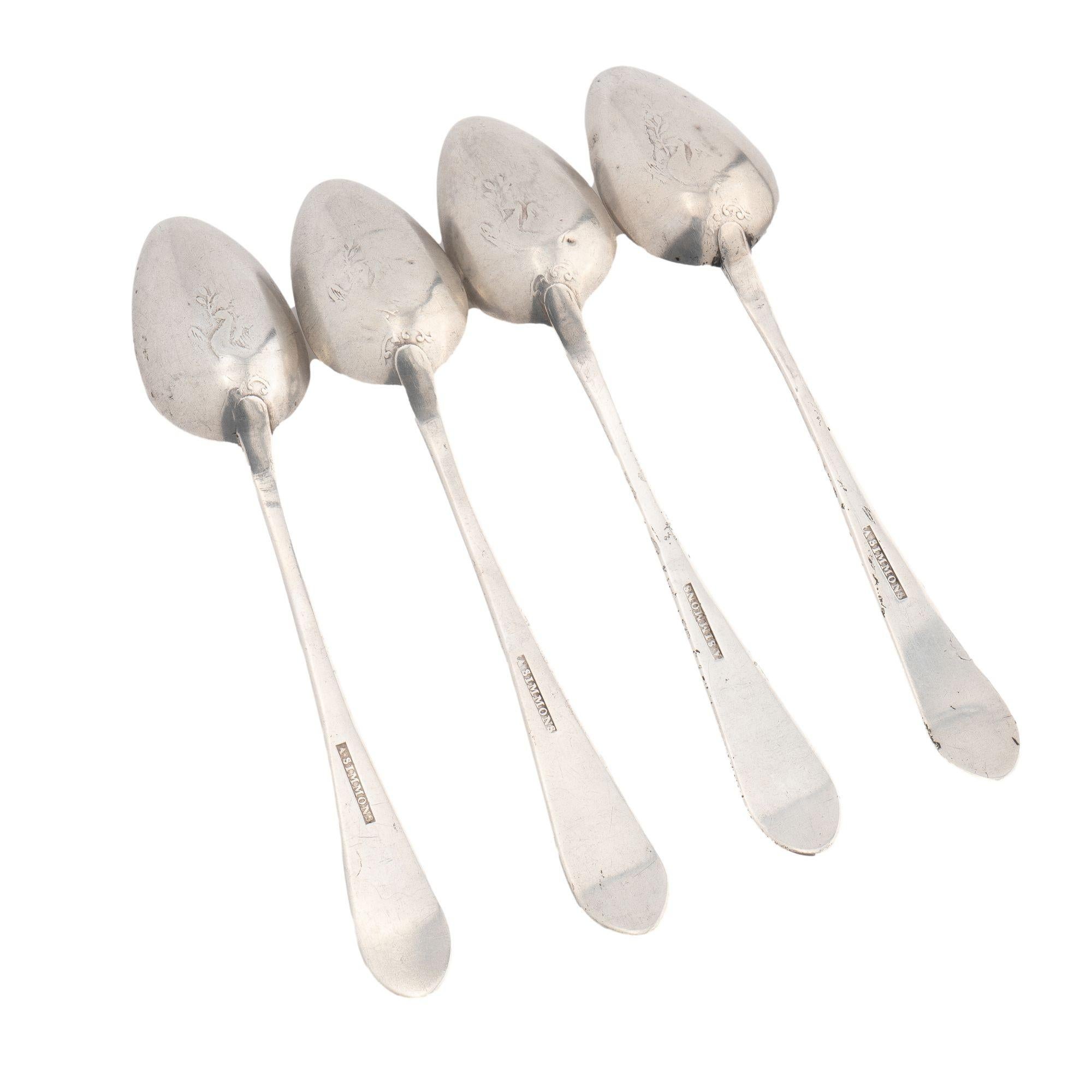 Set 4 American coin silver bird back tea spoons by Anthony Simmons, c. 1795-1808 For Sale 2